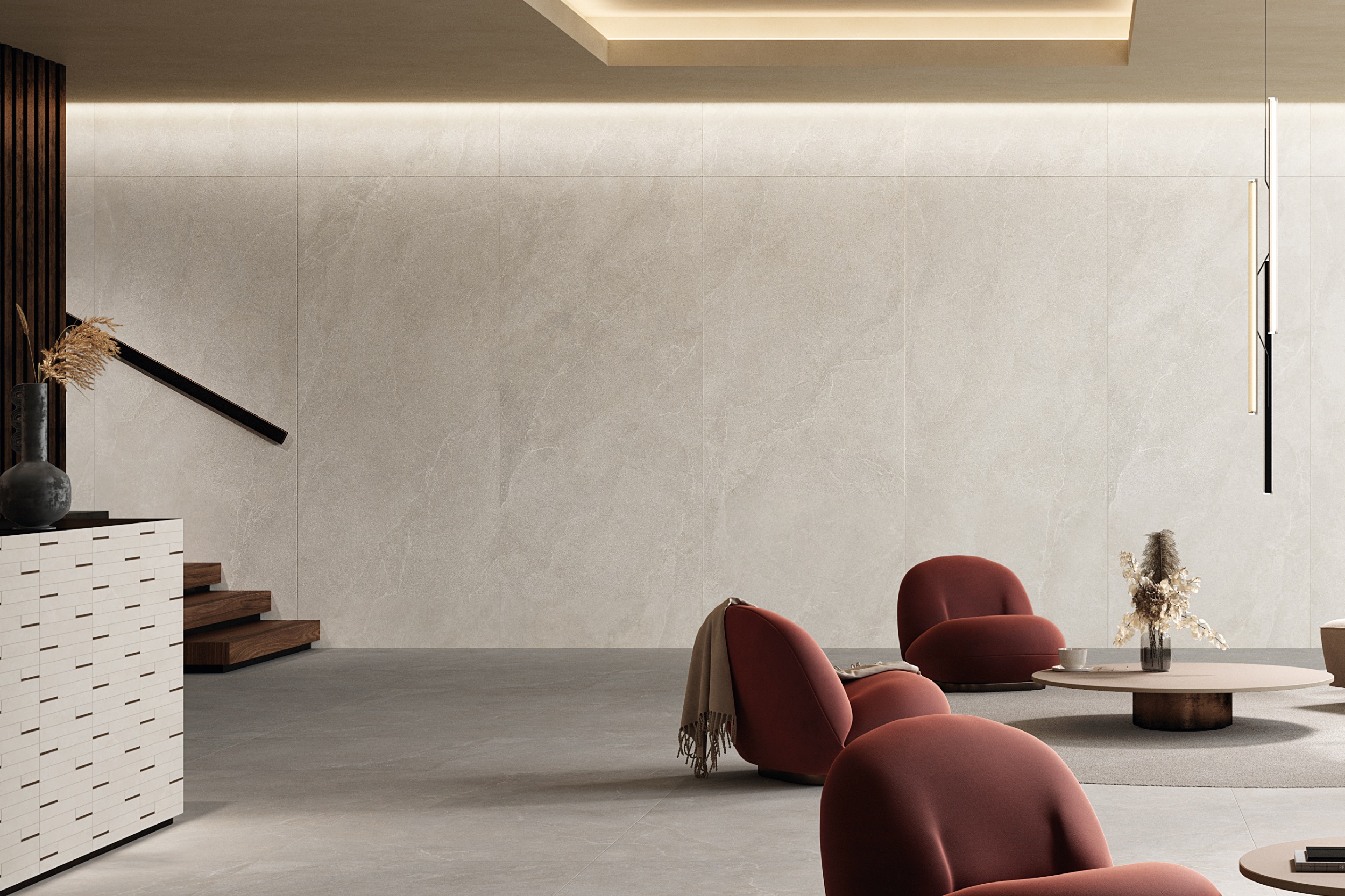 Fliese mit Steinoptik La Fabbrica Noble Stone White Wandfliese im Wohnzimmer