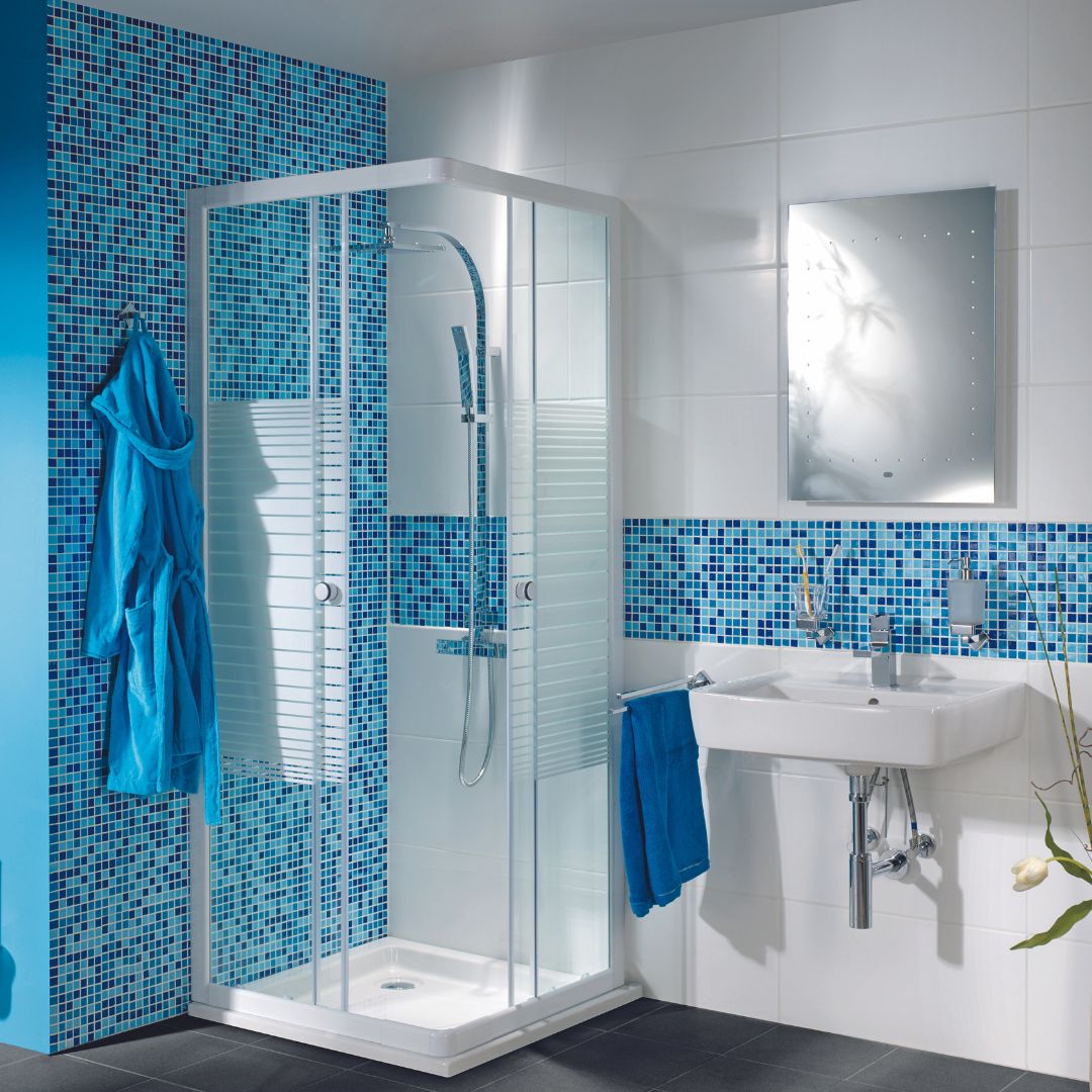 Mosaikfliesen Glas blau mix glänzend 32,7x30,5cm auf Netz