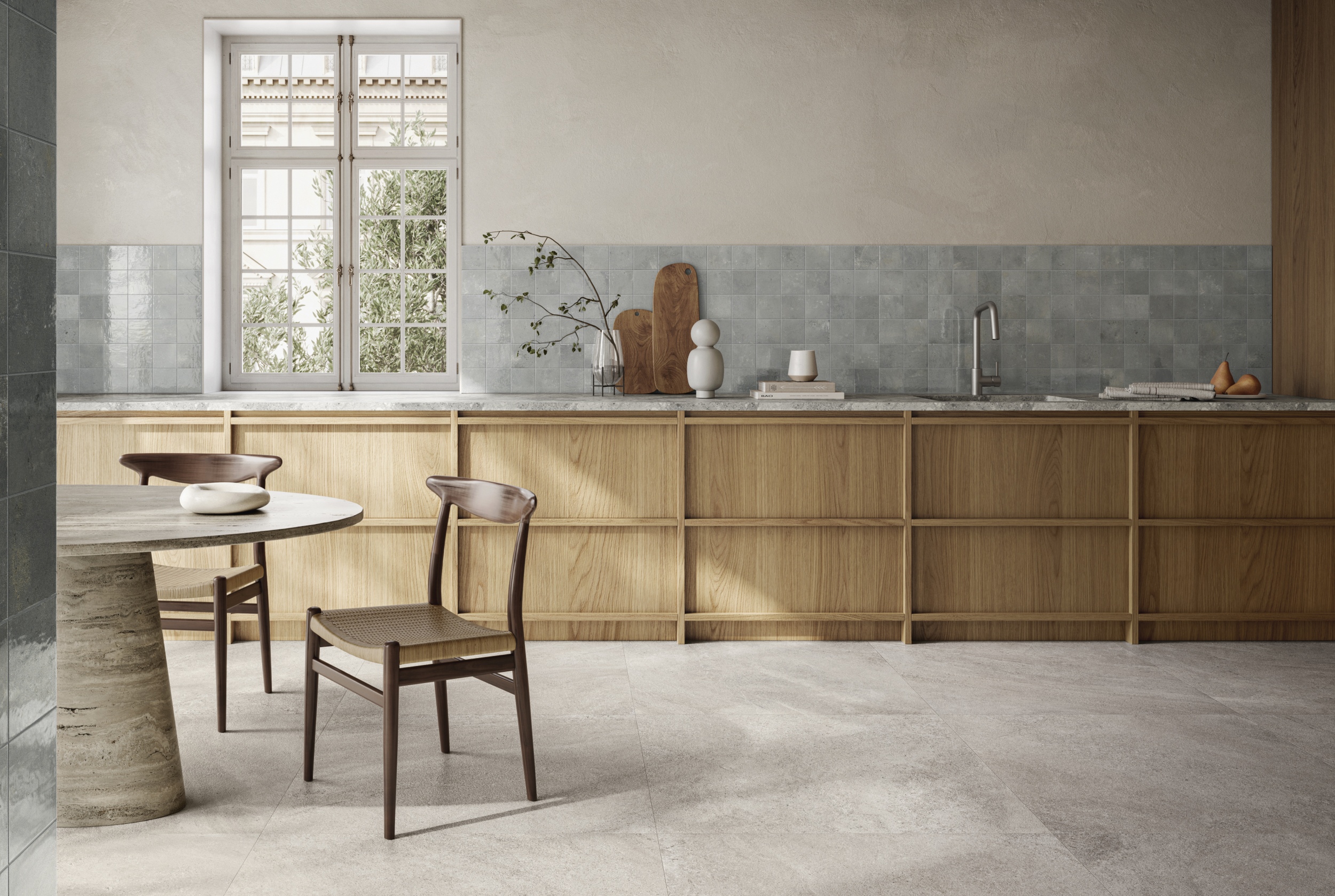 Bodenfliese Natursteinoptik Sant Agostino Bergstone Pearl greige grau-beige in Küche