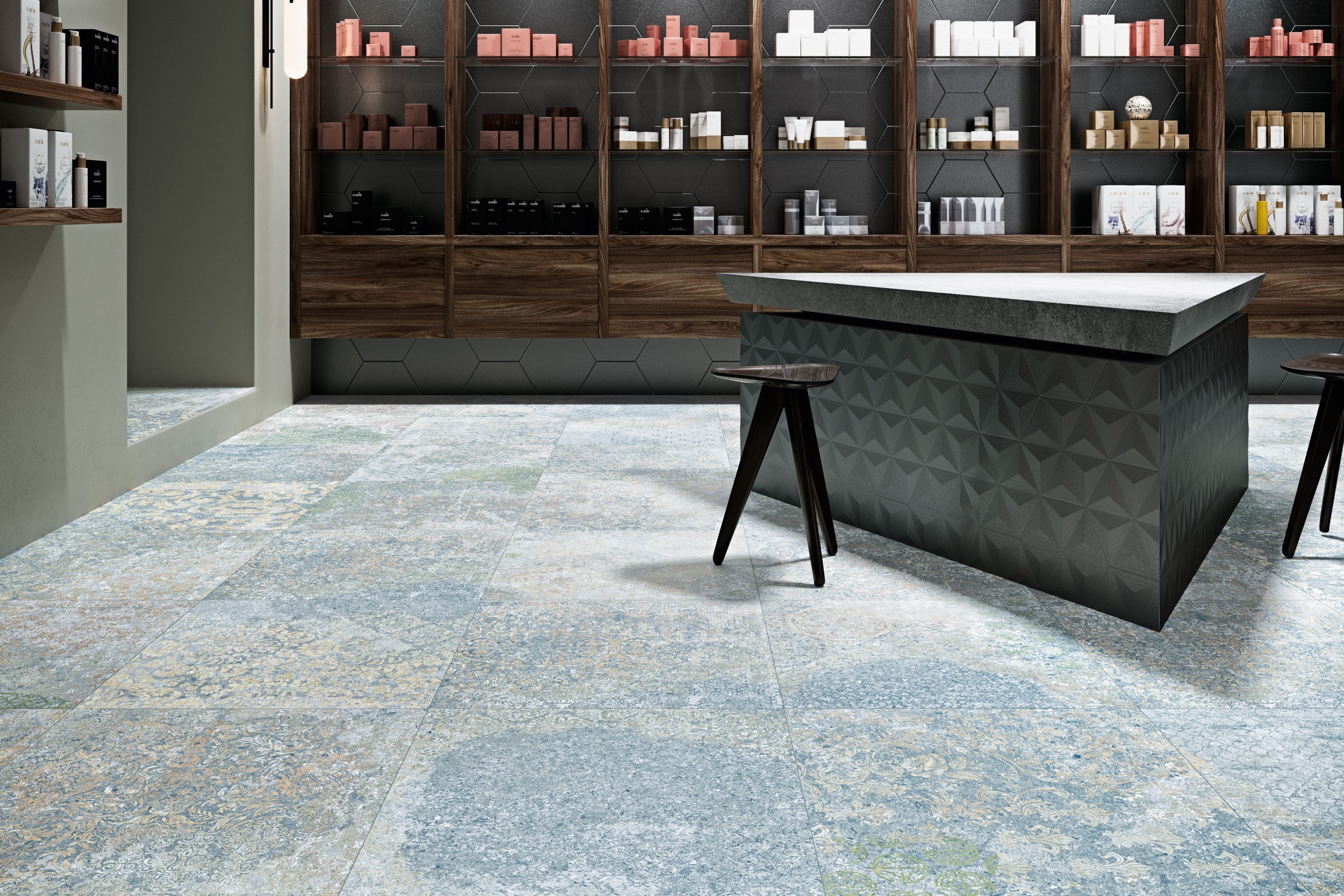 Aparici Fliese Teppichoptik Vintageoptik Bohemian Blue Bodenfliese Wandfliese blau Ambiente