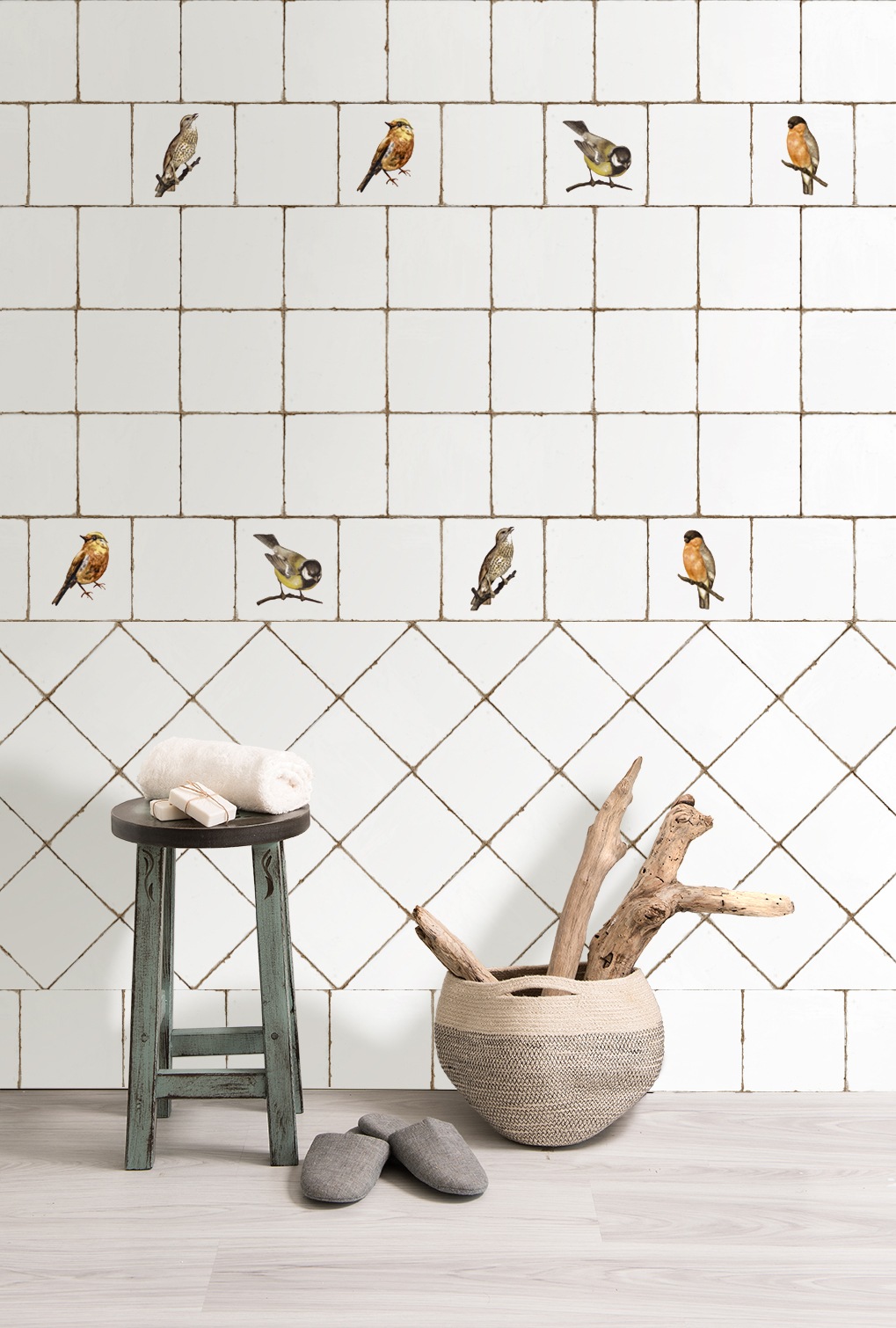 Antike Wandfliese Retro-Dekor Shabby-Chic weiß 15x15 cm Forli Birds in Küche