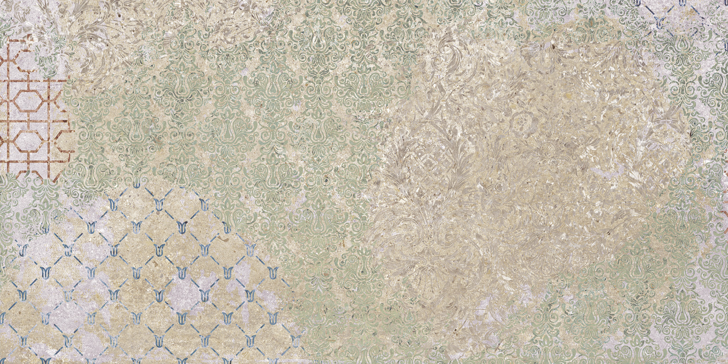 Terrassenplatte Feinsteinzeug Terrassenfliese Vintage Teppichoptik grün beige Bohemian Blend Aparici