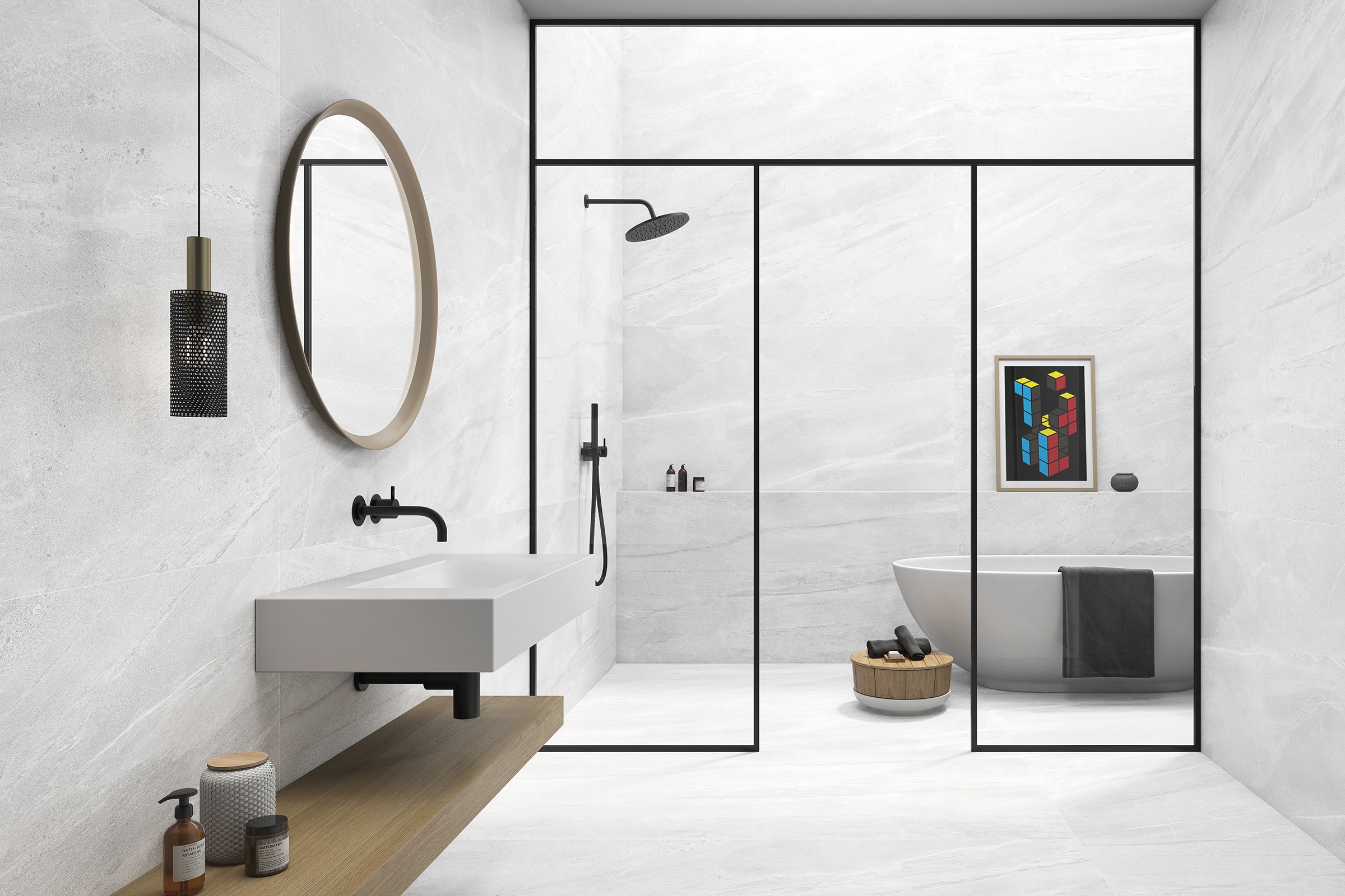 Fliese Steinoptik Lavica Blanco Bodenfliese Wandfliese weiß im Badezimmer