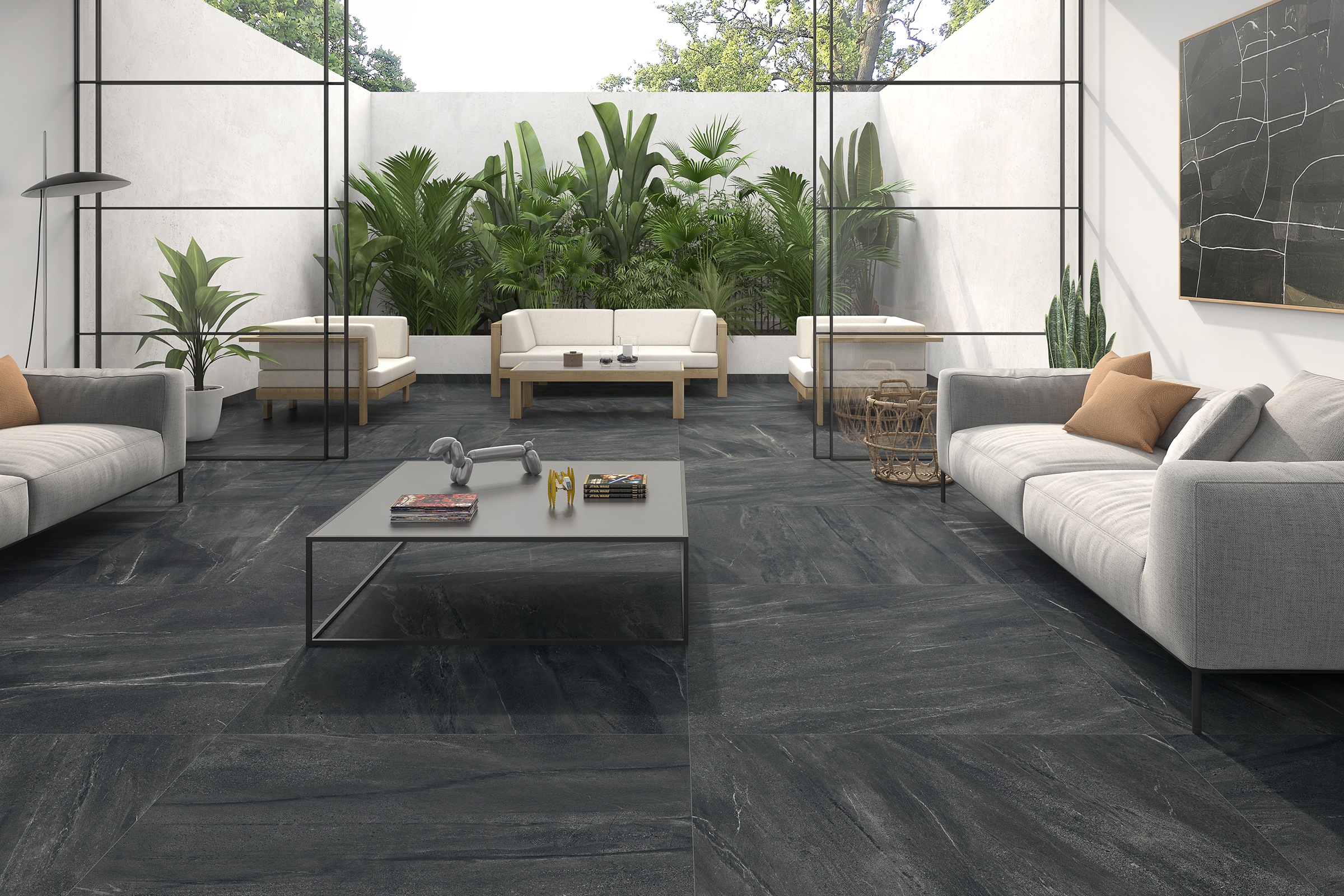 Fliese Steinoptik Lavica Mica Bodenfliese Wandfliesen anthrazit schwarz im Wohnzimmer