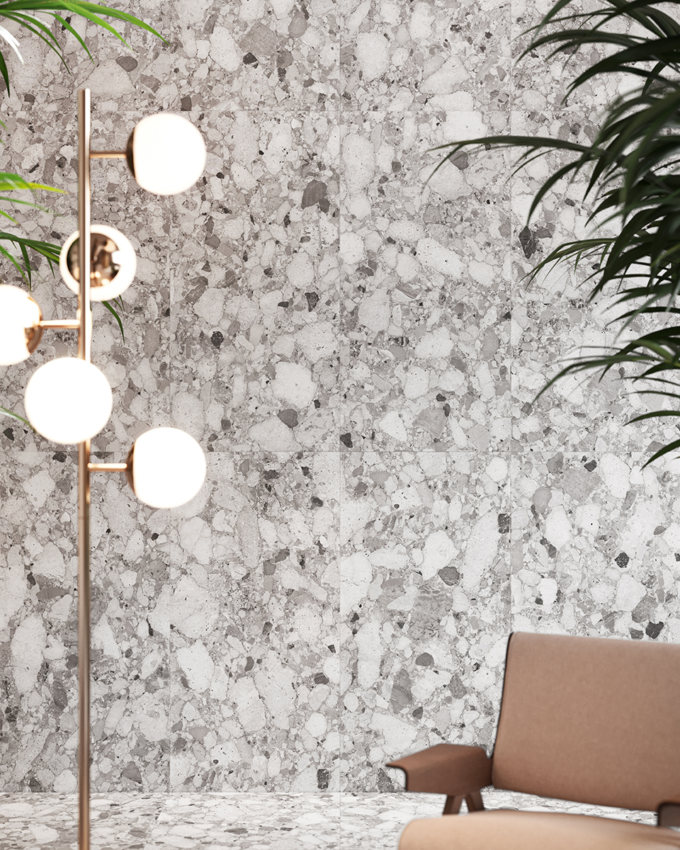 Fliese Terrazzo-Steinoptik grau matt kalibriert Venistone Grey Sant Agostino