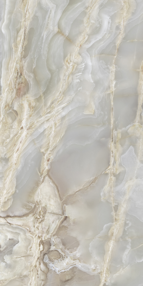 Fliese Achat-Marmoroptik beige grau "Onice Iride Argento" glänzend