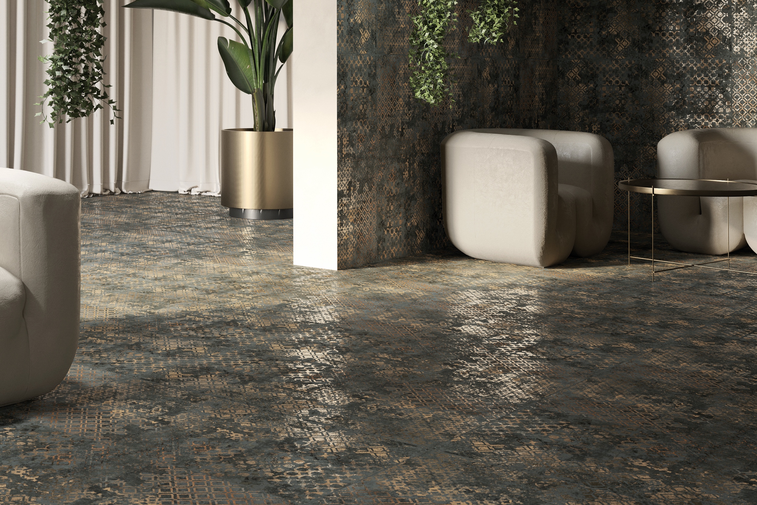 Fliese orientalisch edel Ornamente Affreschi Caravaggio Kupfer-Metallic-Effekt glänzend grau Luxus