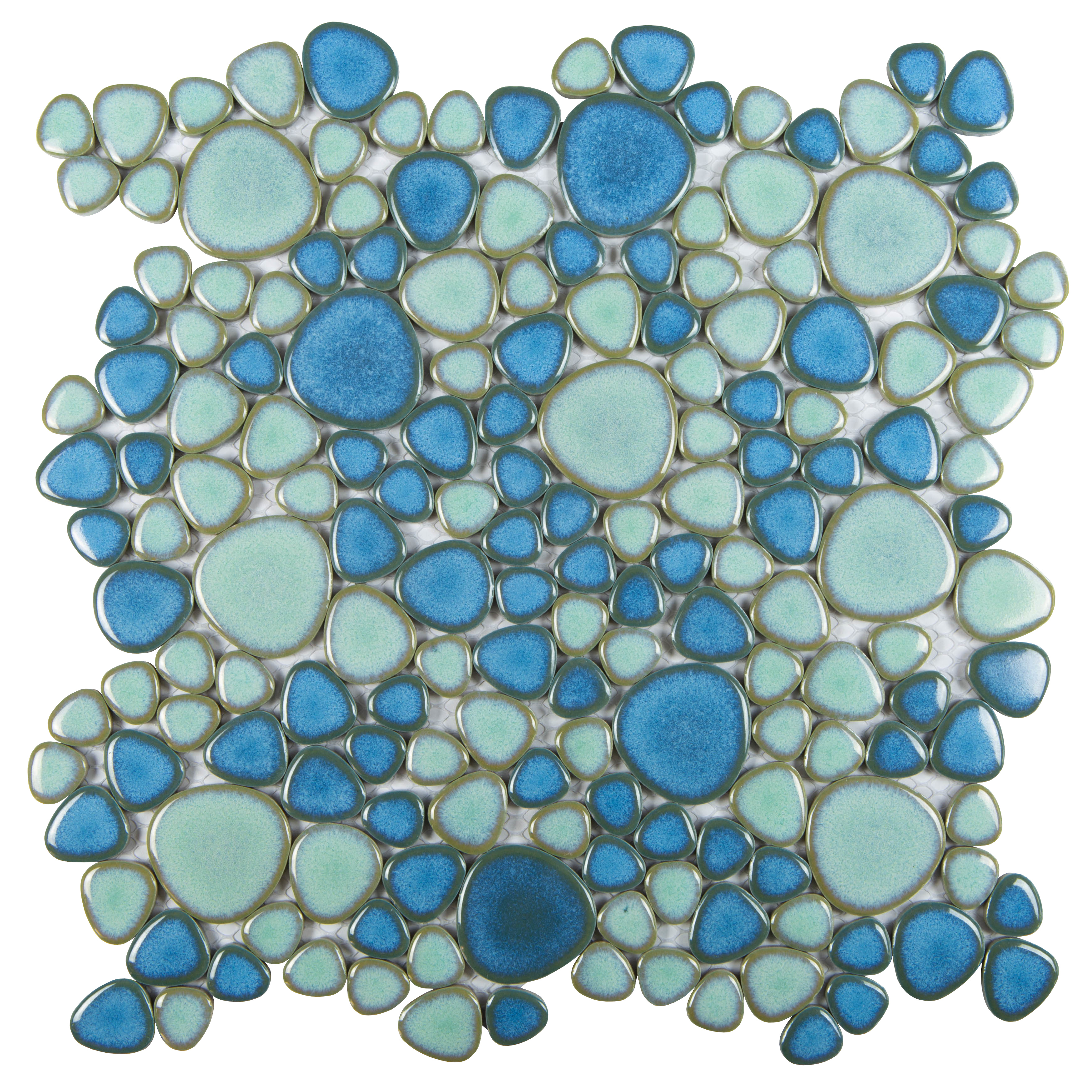 Mosaikfliesen blau grün Kiesel Mosaik Steine oval Pebbles Kieselsteine glänzend