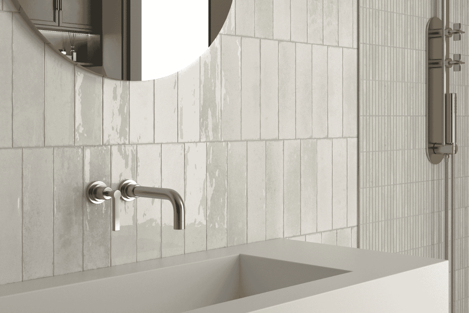 Fliese unregelmäßige Oberfläche 7x28 cm "Agadir Ivory" cremeweiß glänzend Feinsteinzeug