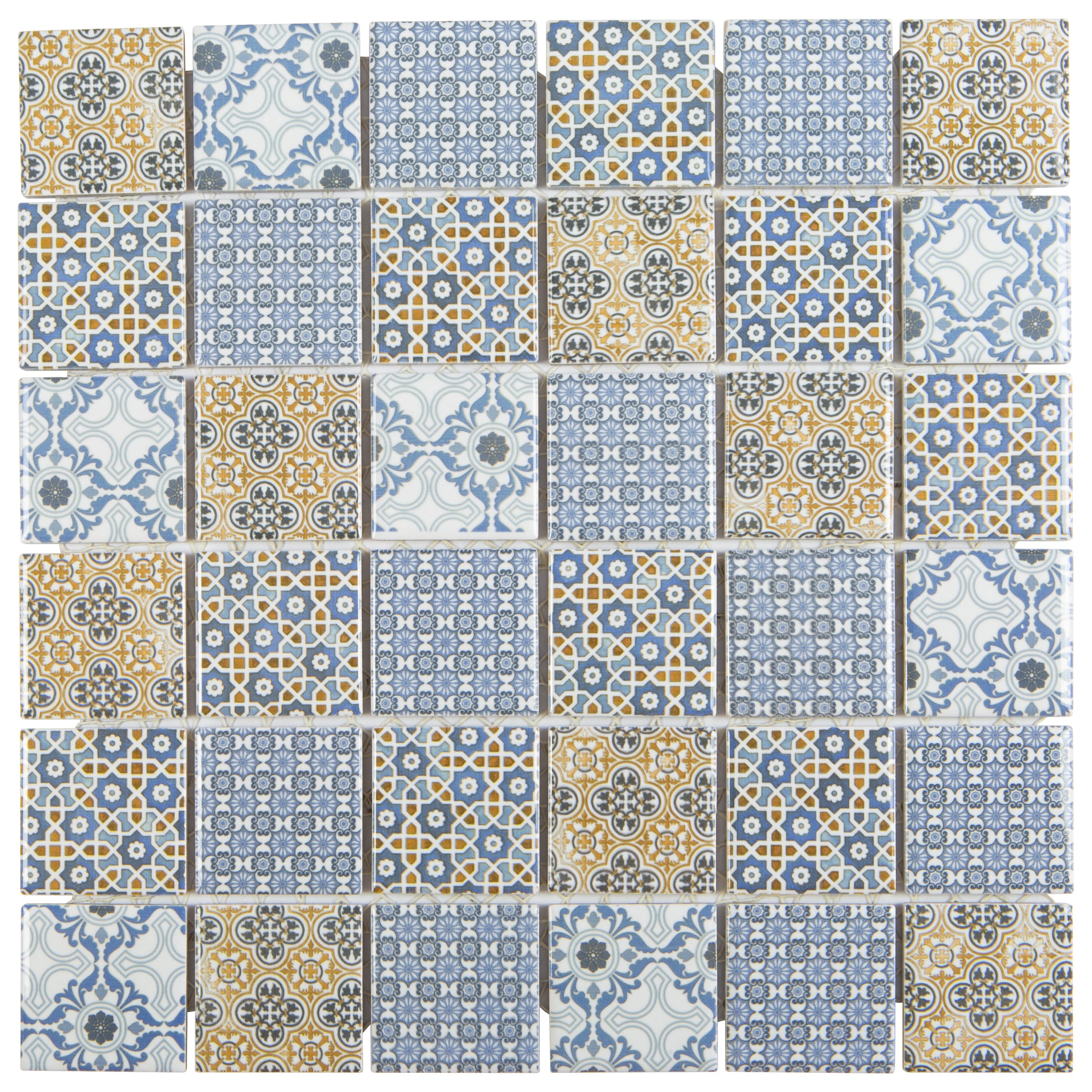 Vintage-Mosaikfliesen Patchwork Retro Ornamente glänzend 29,7x29,7cm blau orange netzverklebt