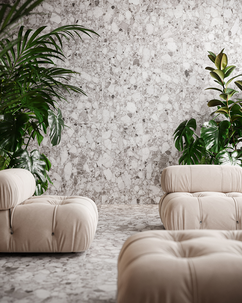 Fliese Terrazzo-Steinoptik grau matt kalibriert Venistone Grey Sant Agostino