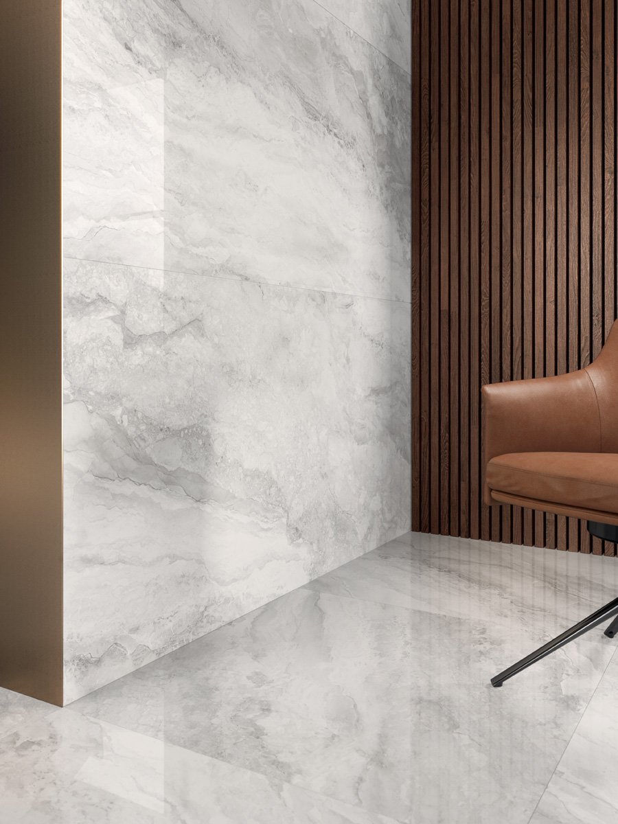 Fliese Marmor-Optik grau marmoriert glänzend Mystic Pearl poliert Sant Agostino