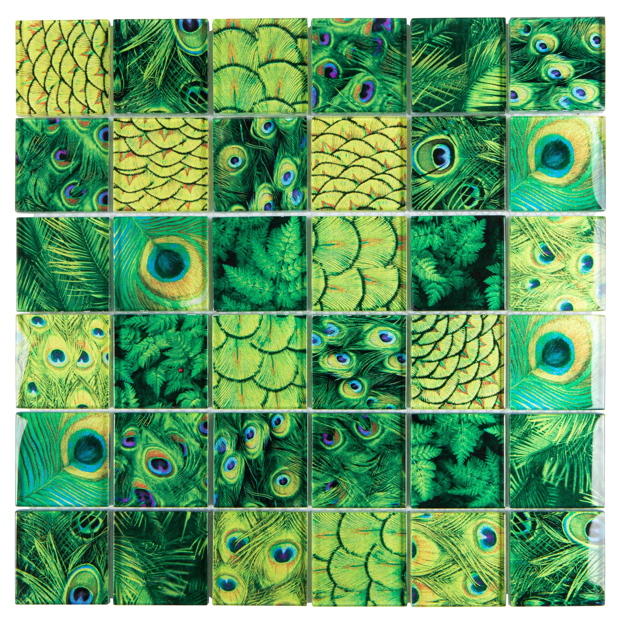 Mosaikfliesen grün "Green Wildlife" Pfau glänzend 29,8x29,8cm netzverklebt