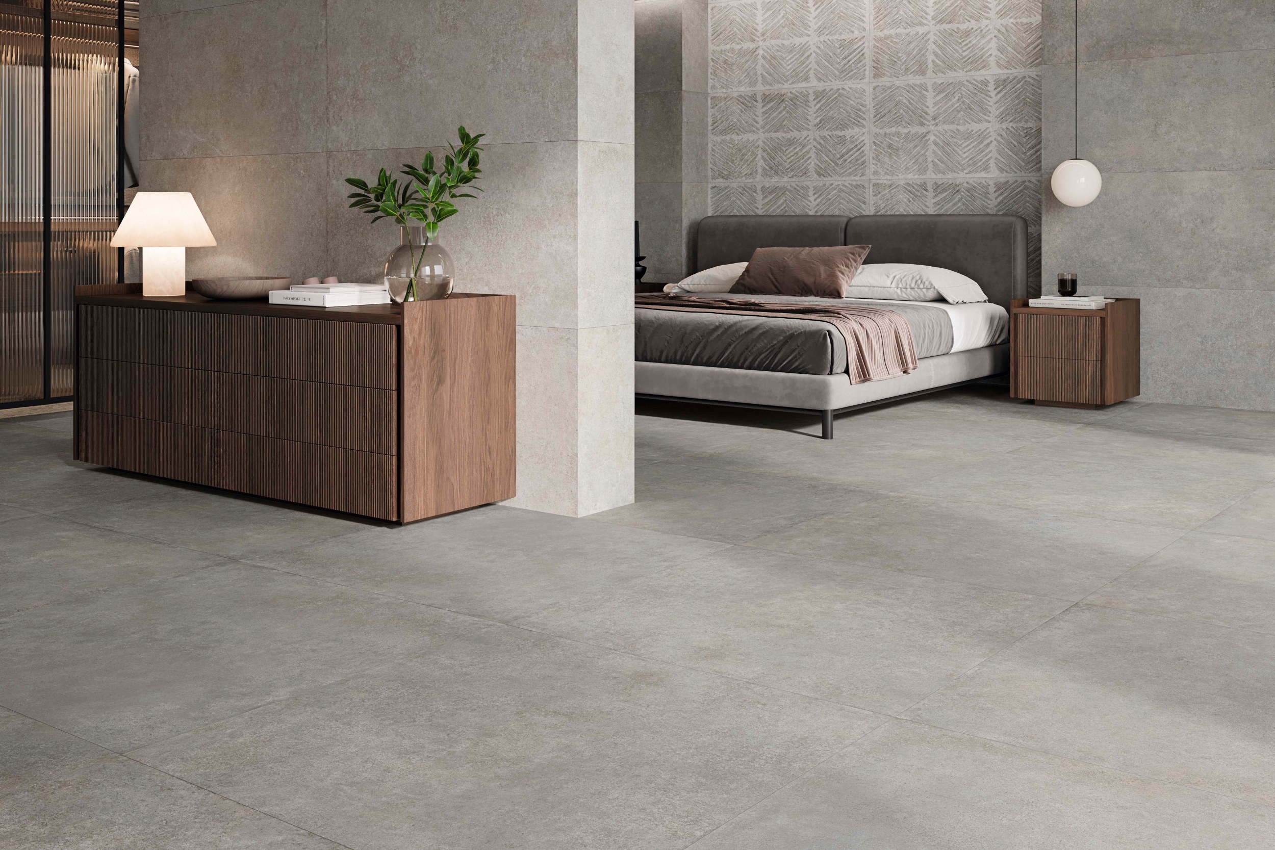 Fliese Betonoptik Ferro Dark Grey matt Bodenfliese Wandfliese grau-braun im Schlafzimmer