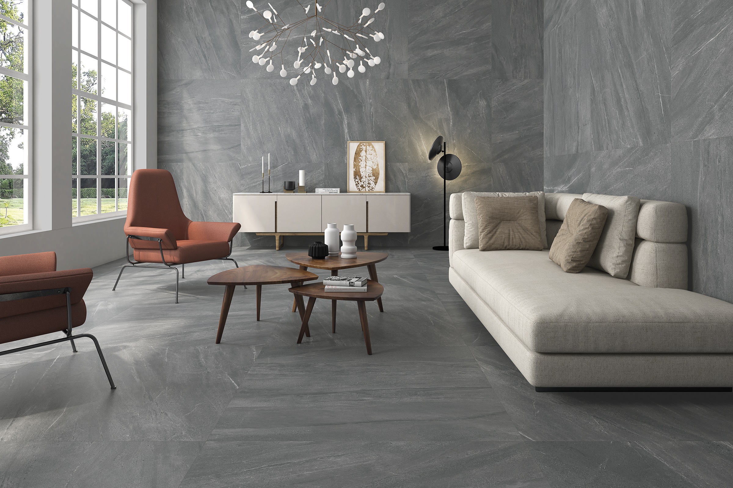 Fliese Steinoptik Lavica Gris Bodenfliese Wandfliese grau im Wohnzimmer