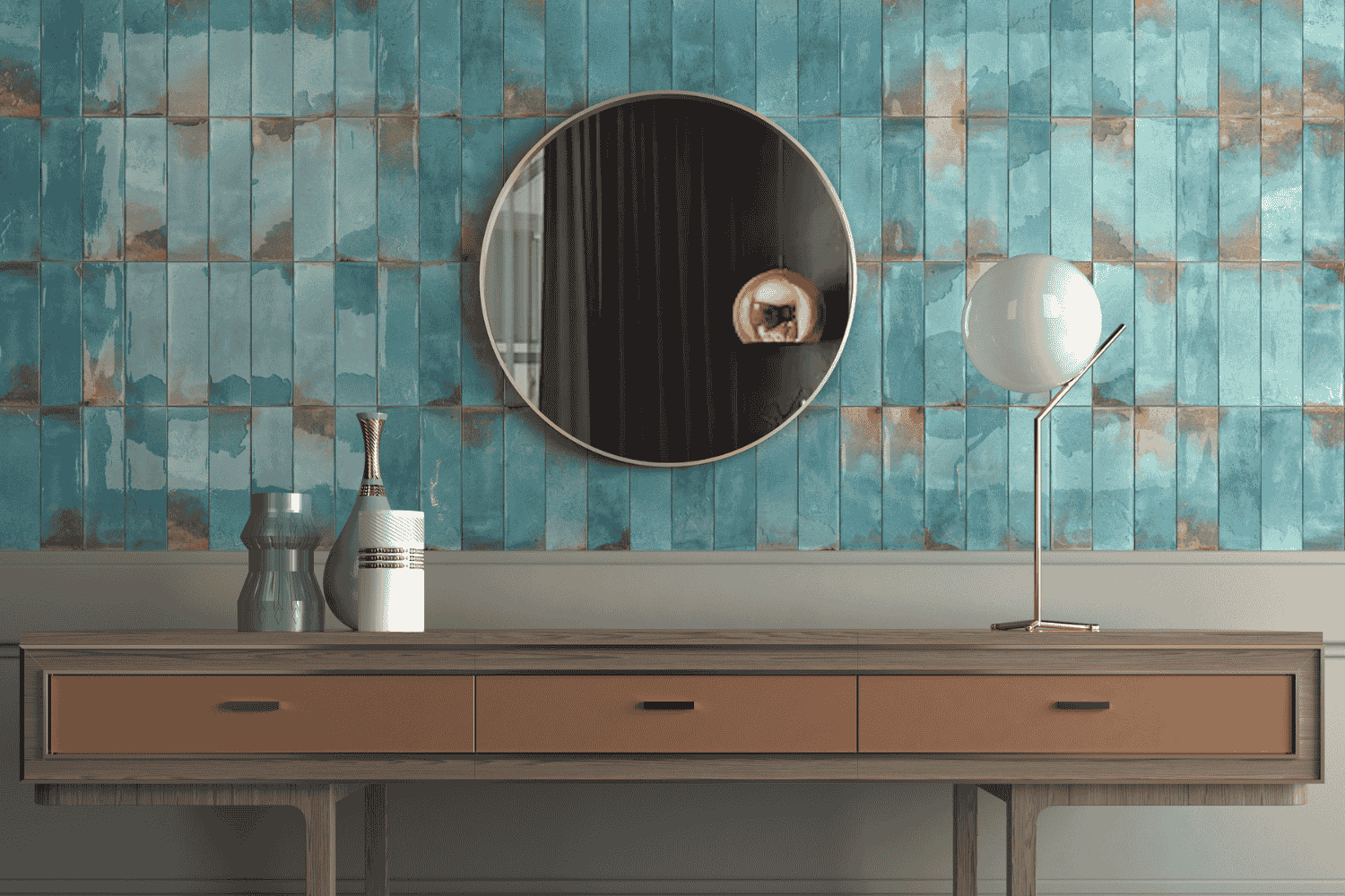 Fliese unregelmäßig Oberfläche 6,4x22,3 cm "Laguna Cielo" hellblau glänzend reaktive Glasur