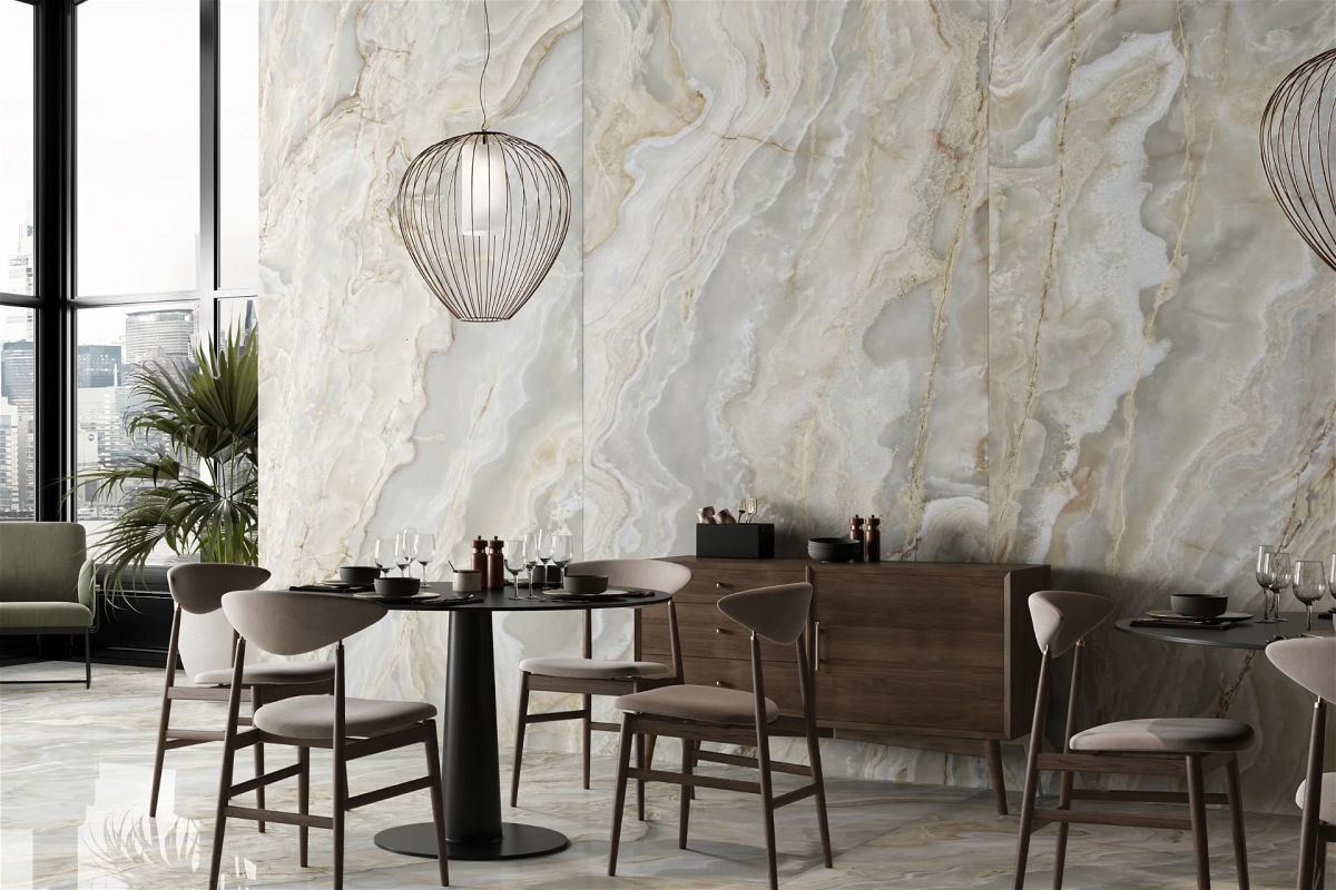 XXL-Fliese Marmoroptik Onice Iride Argento 120x280 cm beige creme Großformat-Fliese La Fabbrica