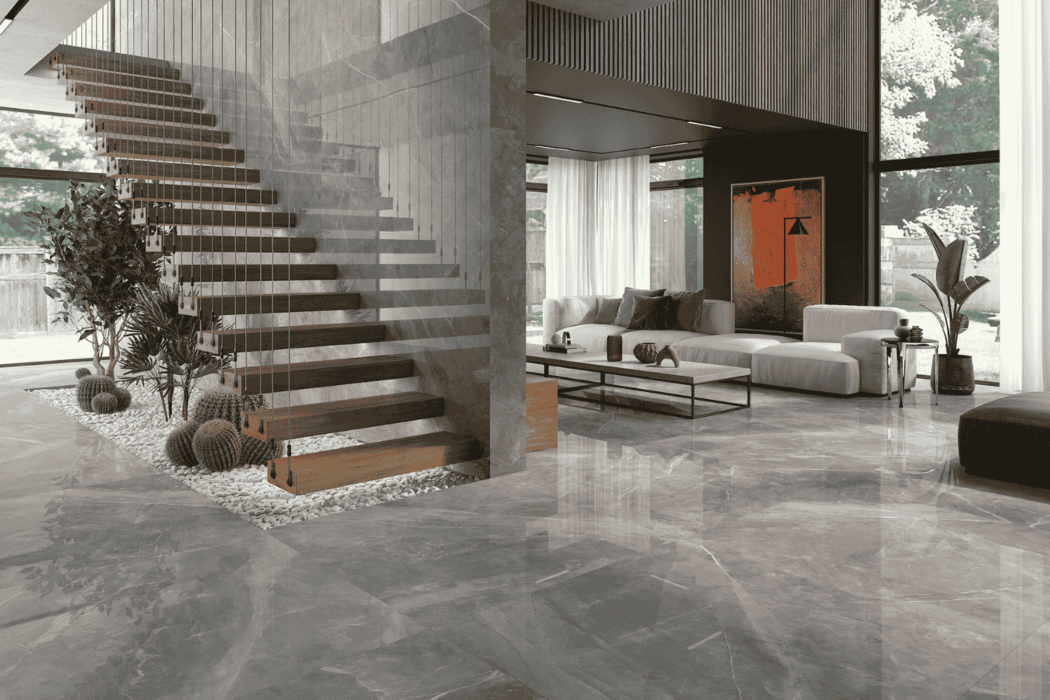 Fliese Steinoptik grau poliert "Magda Gris" Feinsteinzeug rektifiziert