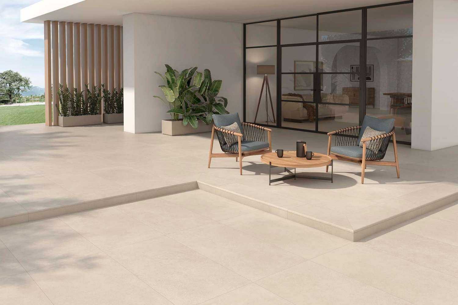 Terrassenplatte Natursteinoptik helles beige 90 x 90 cm "Portland Marfil" Feinsteinzeug 2 cm