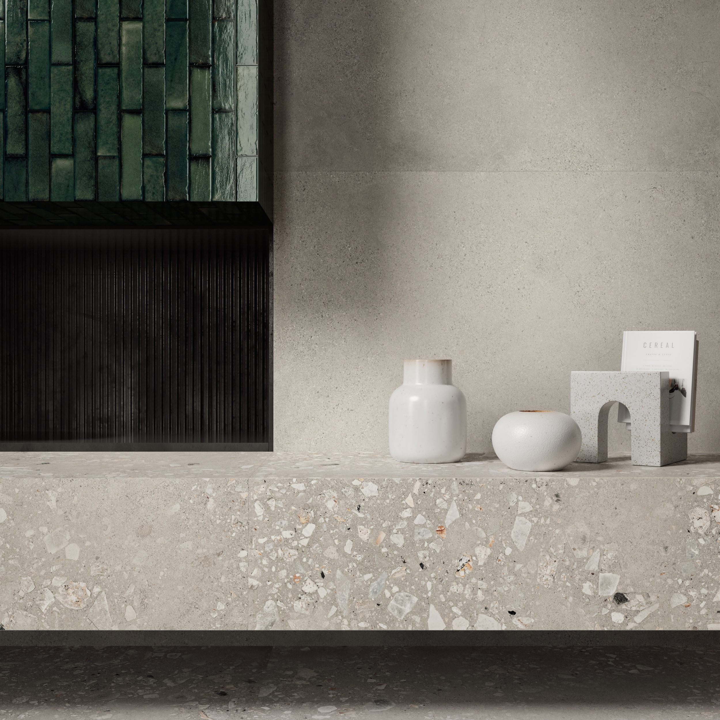 Fliese Zementoptik mit Terrazzo Logico Cement Sant Agostino grau-braun im Badezimmer