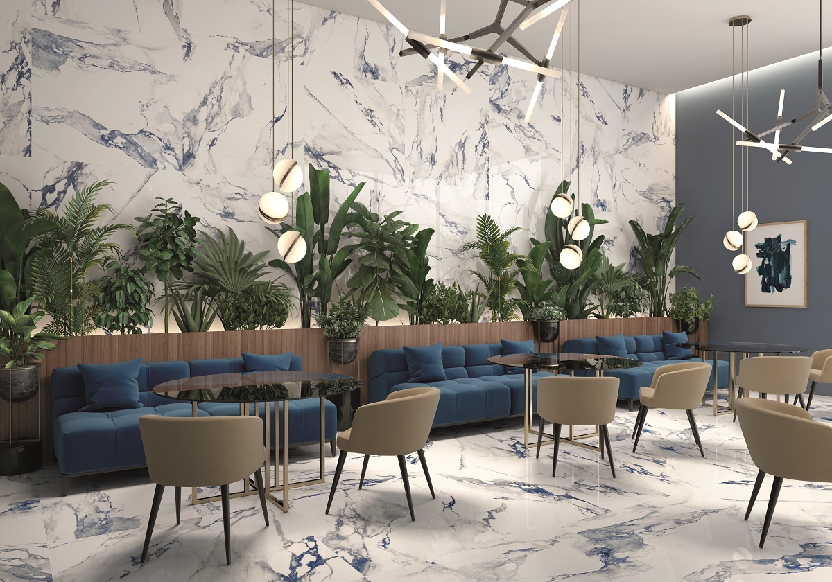 Fliese blau marmoriert Paonazzetto-Marmor-Optik poliert kalibriert Crash Blue