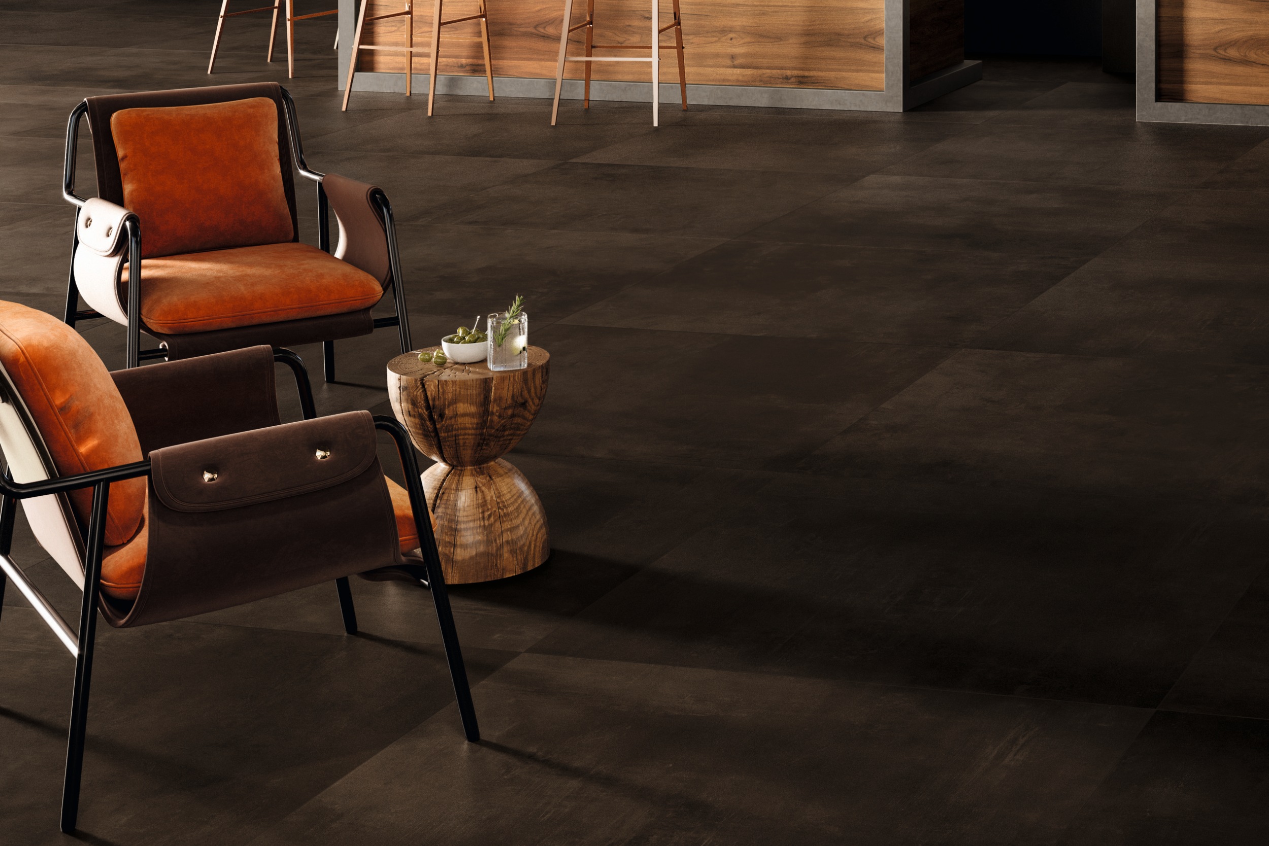 Fliese Betonoptik Atlas Concorde Boost Pro Tobacco dunkelbraun in der Küche