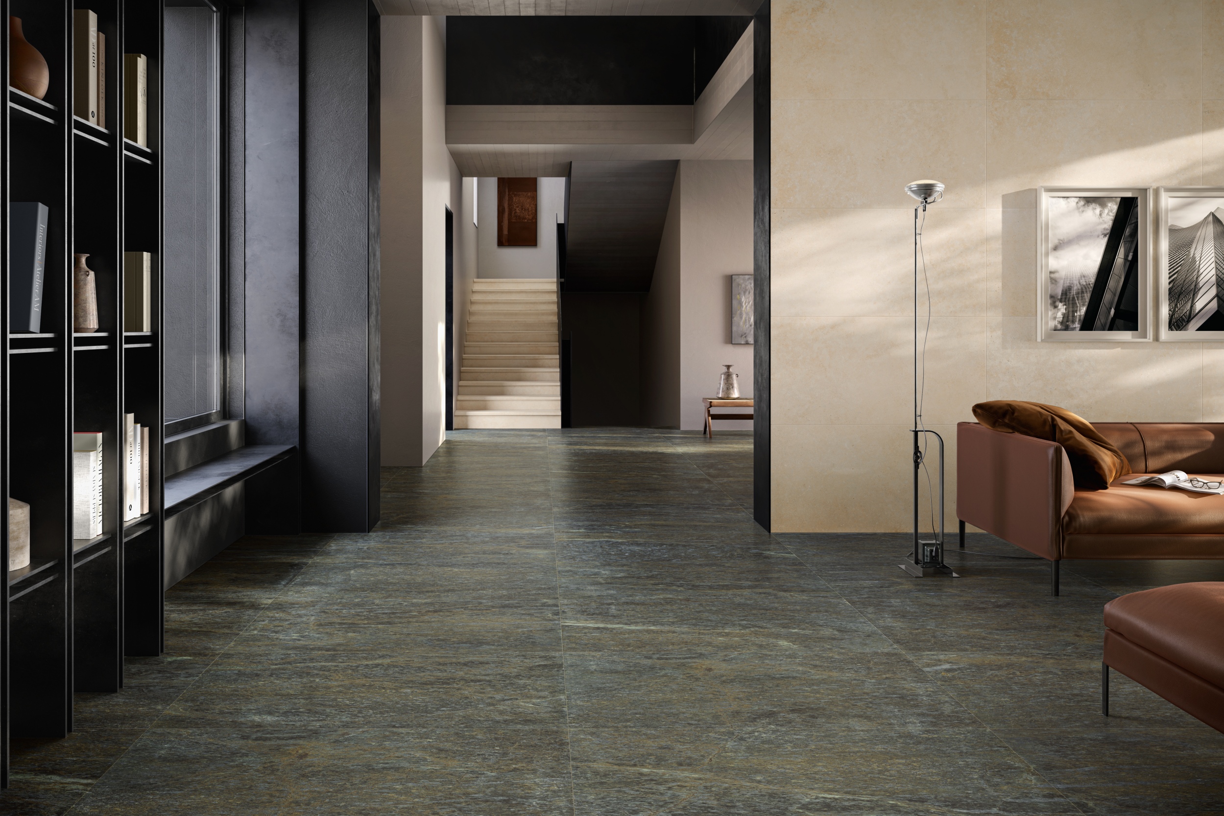 Fliese Steinoptik Unionstone 2 Serpentino Sant Agostino Natursteinoptik grün-grau im Wohnzimmer