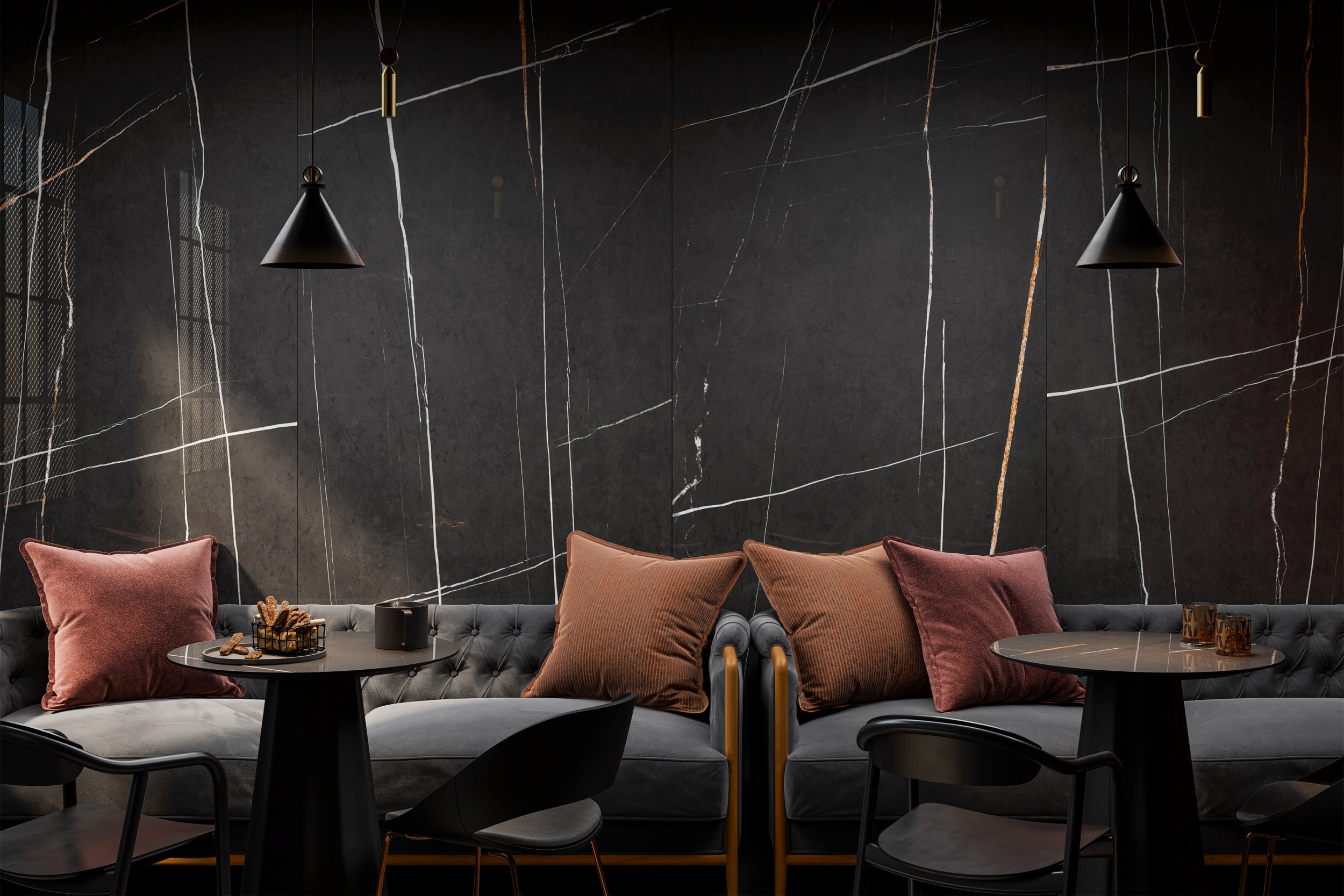 XXL-Fliese Marmoroptik schwarz anthrazit 120x280 cm Hizura Black Großformat Wandfliese glänzend im Wohnzimmer