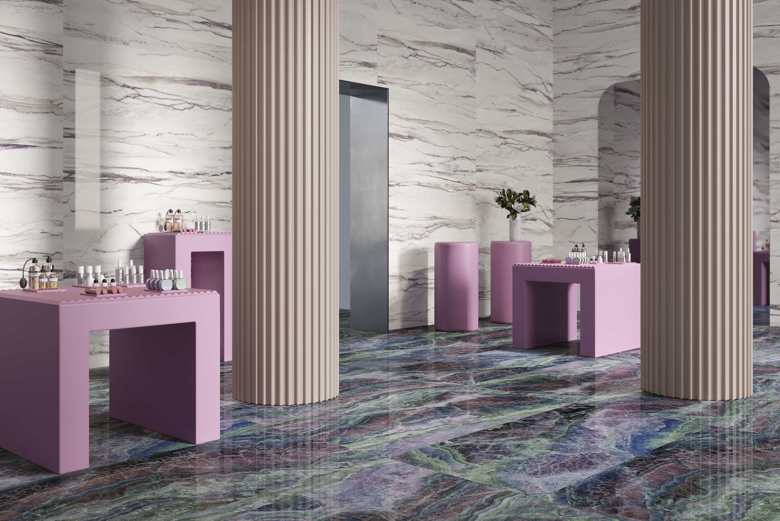 XXL Fliese Marmoroptik Star Onyx Purple 120x278 cm blau lila Großformat-Fliese Sant Agostino