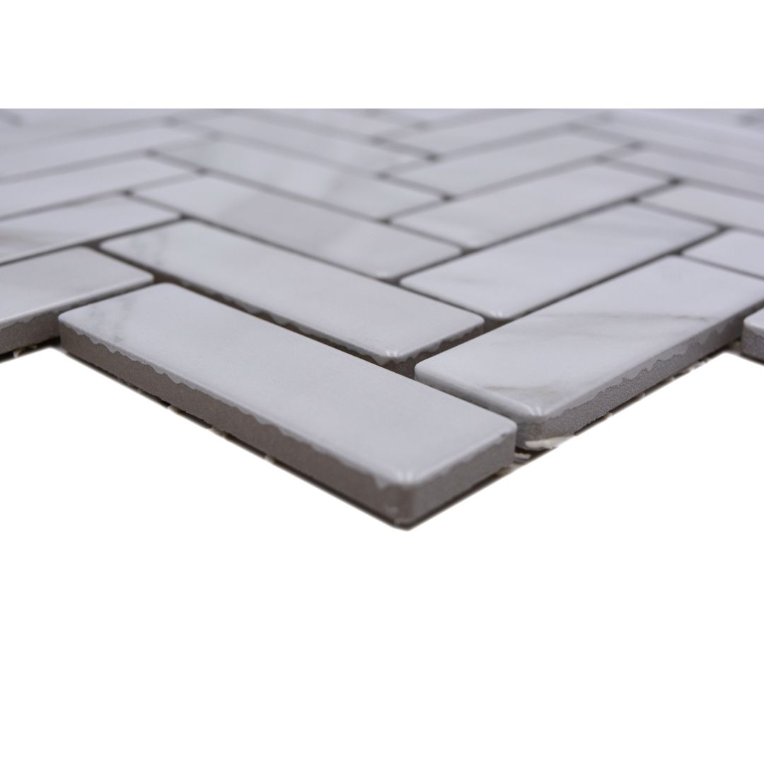 Mosaikfliesen Fischgrät Marmoroptik weiß matt 31,8x27,1 cm netzverklebt