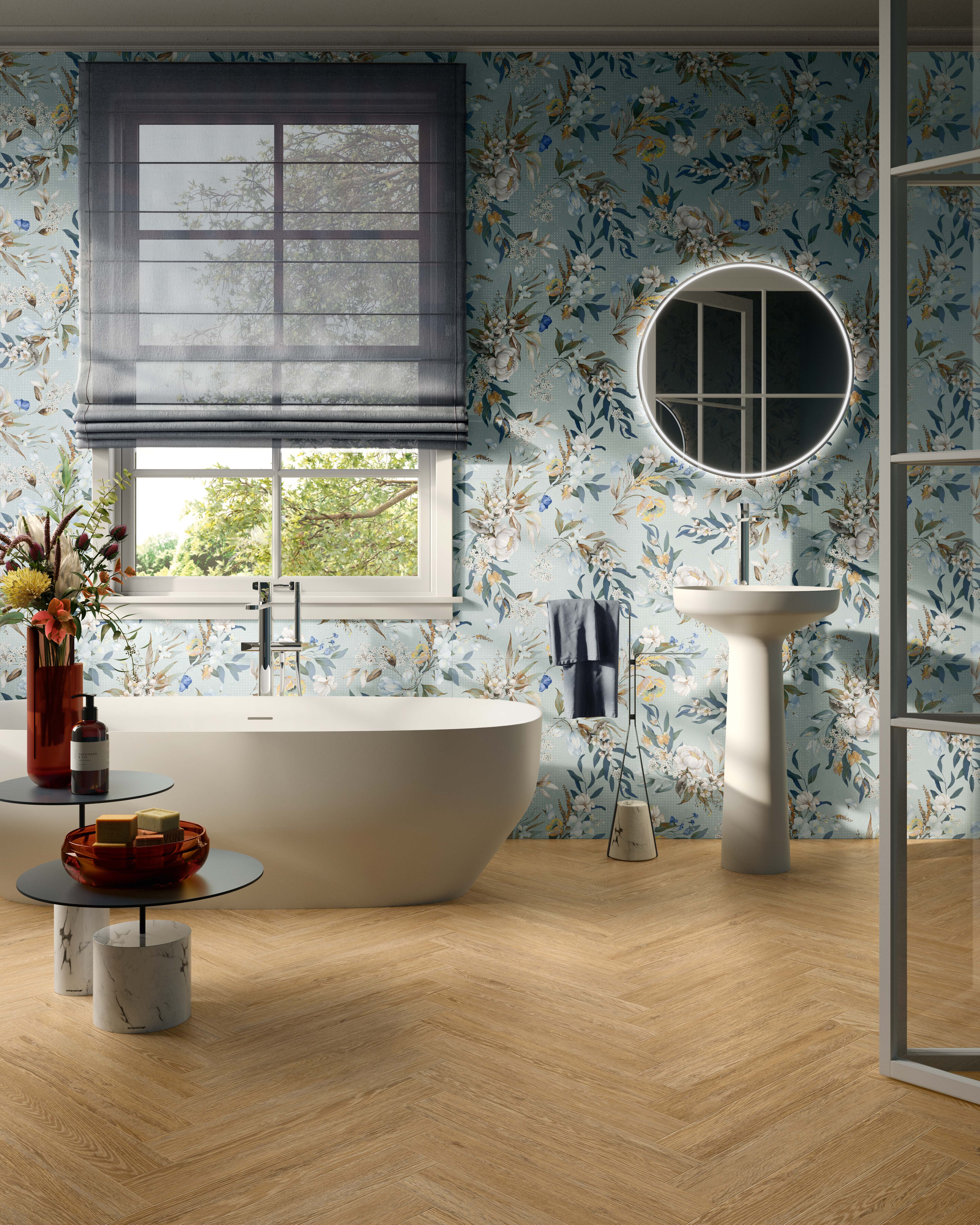 Fliese Blumen-Dekor hellblau kalibriert Jardin 08 Sant Agostino