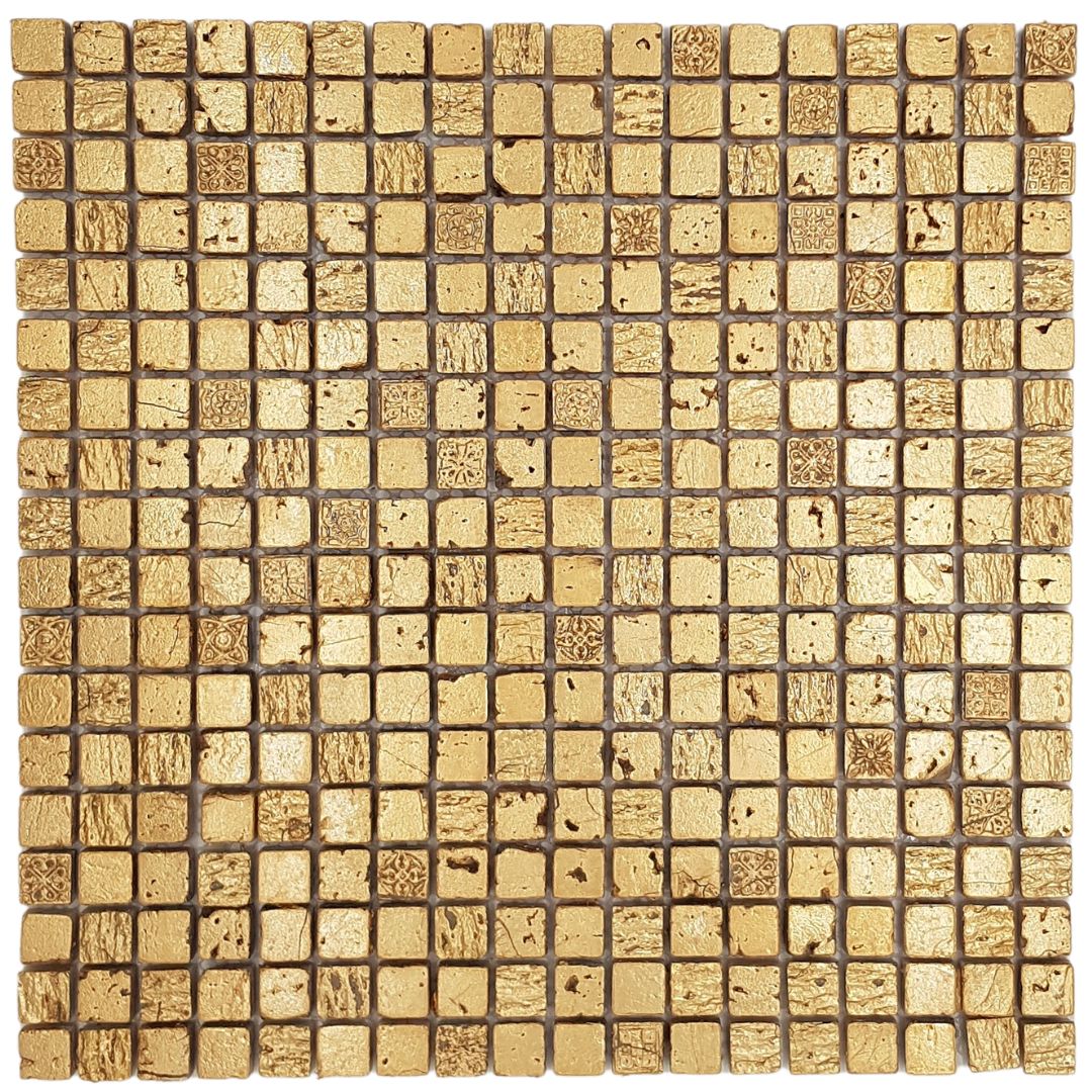 Mosaikfliesen Naturstein gold glänzend mit Prägung 30x30 cm auf Netz