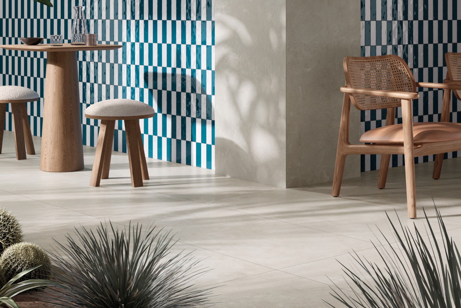 Fliese Zementoptik Tadelakt Jasmine Bianco Creme-Weiß Wandfliese Wodenfliese Ambiente