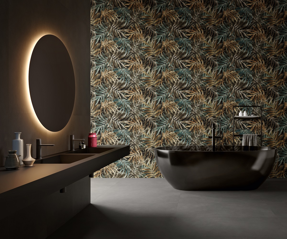Fliese Pflanzen-Dekor dunkel Bergpalme kalibriert 60x120cm Sable Jardin 02 Sant Agostino