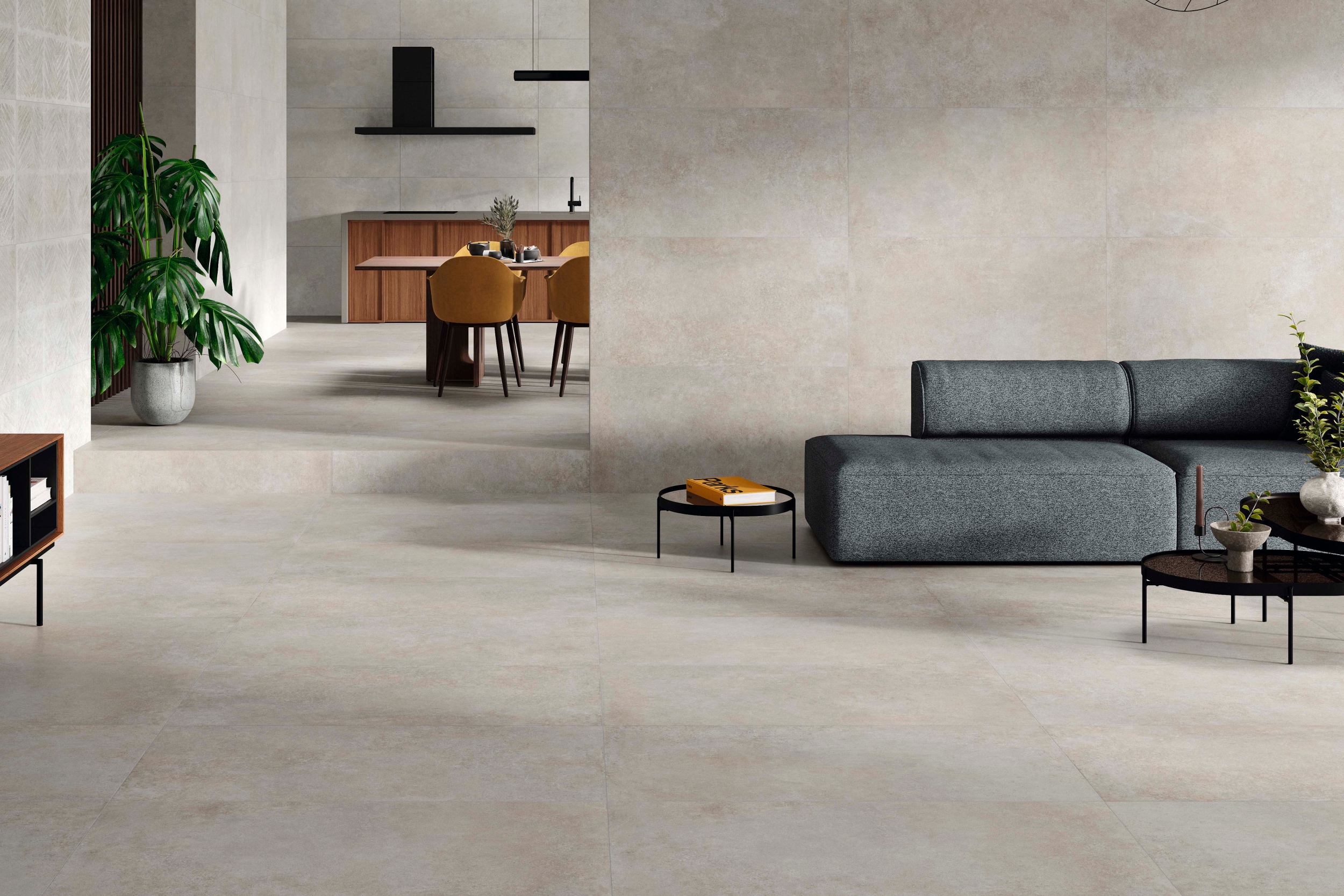 Fliese Betonoptik Ferro Grey matt Bodenfliese Wandfliese helles grau im Wohnzimmer