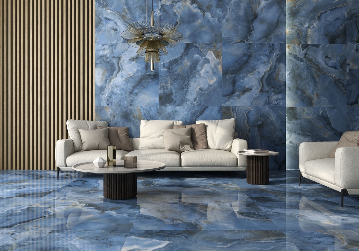 Fliese Achat-Optik blau marmoriert glänzend poliert kalibriert Onix Blue