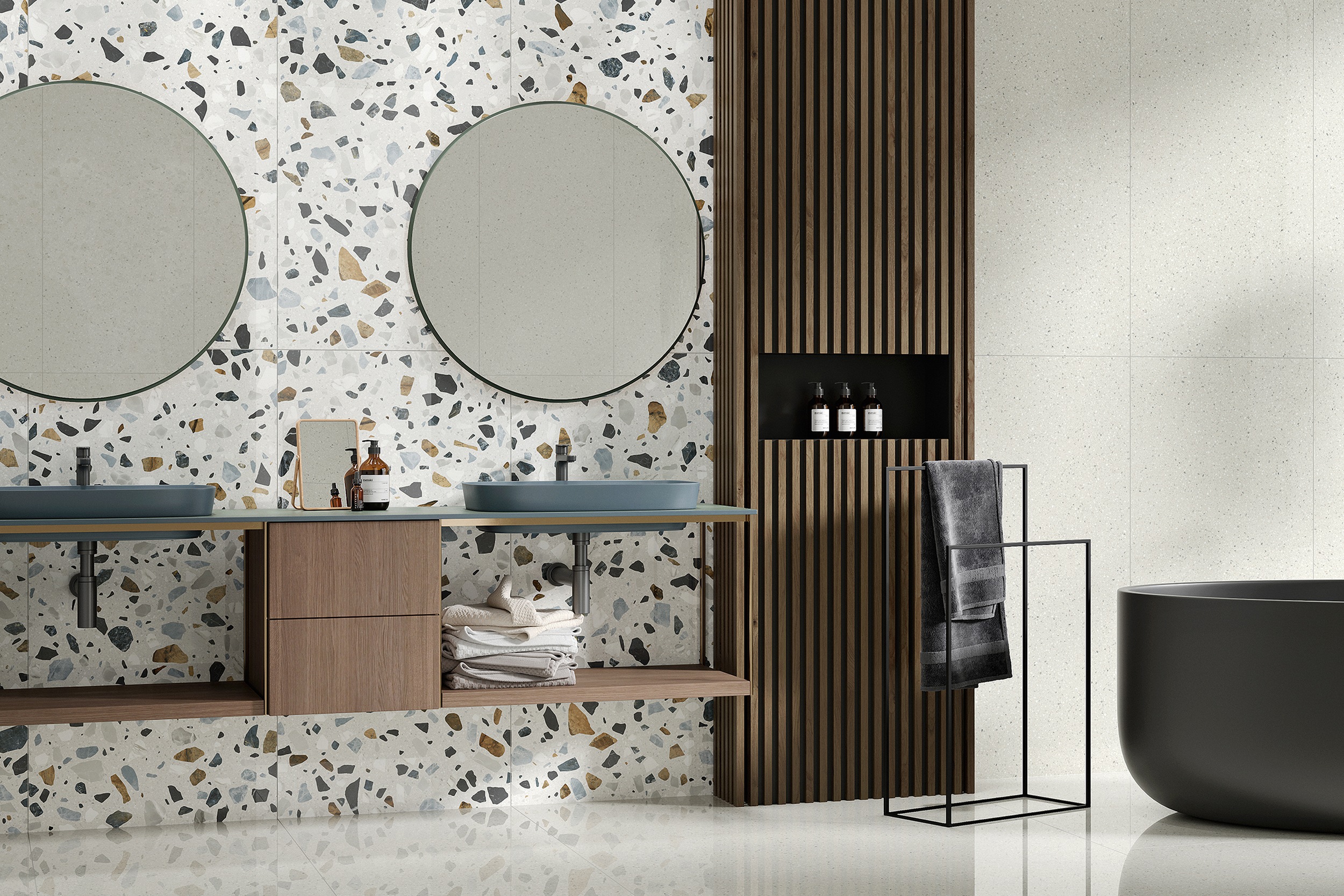 Fliese Terrazzo-Optik Crisp White mehrfarbig weiß Bodenfliese Wandfliese glänzend Ambiente