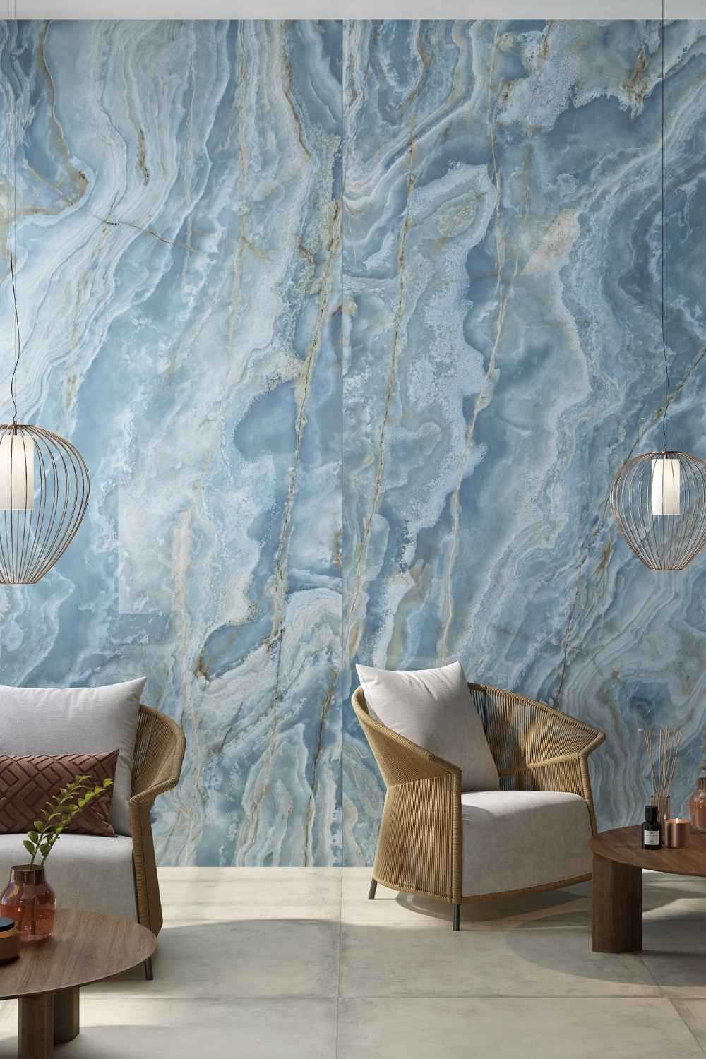 Fliese Achat-Marmoroptik blau "Onice Iride Cobalto" glänzend