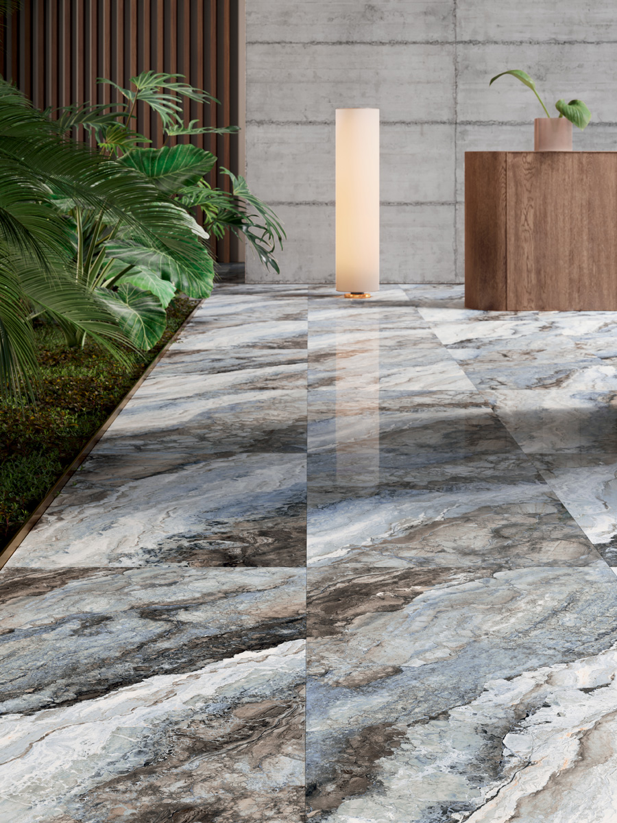 Fliese Marmor-Optik blau schwarz marmoriert glänzend Mystic Ocean poliert Sant Agostino