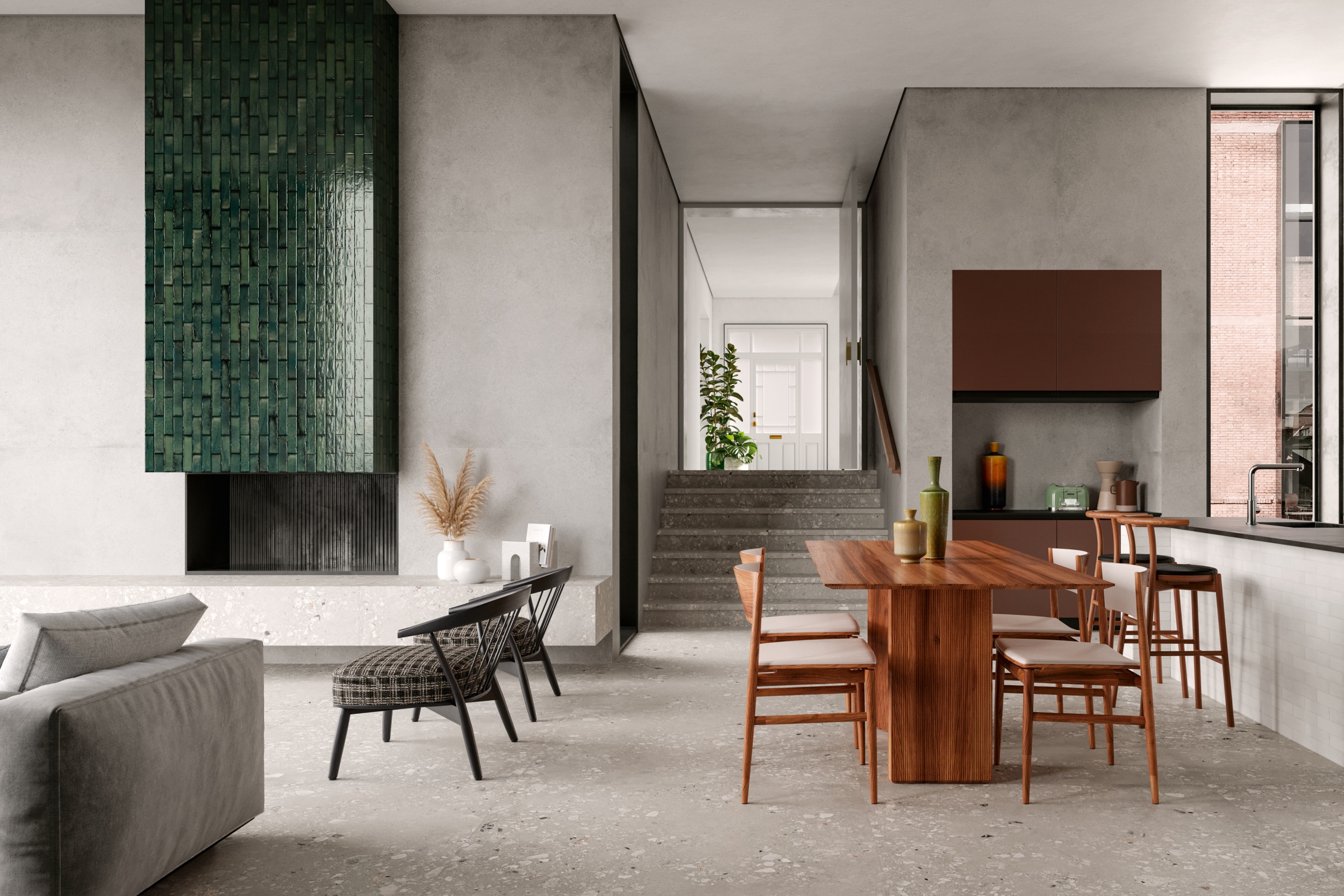 Fliese Zementoptik mit Terrazzo Logico Cement Sant Agostino grau-braun im Wohnzimmer