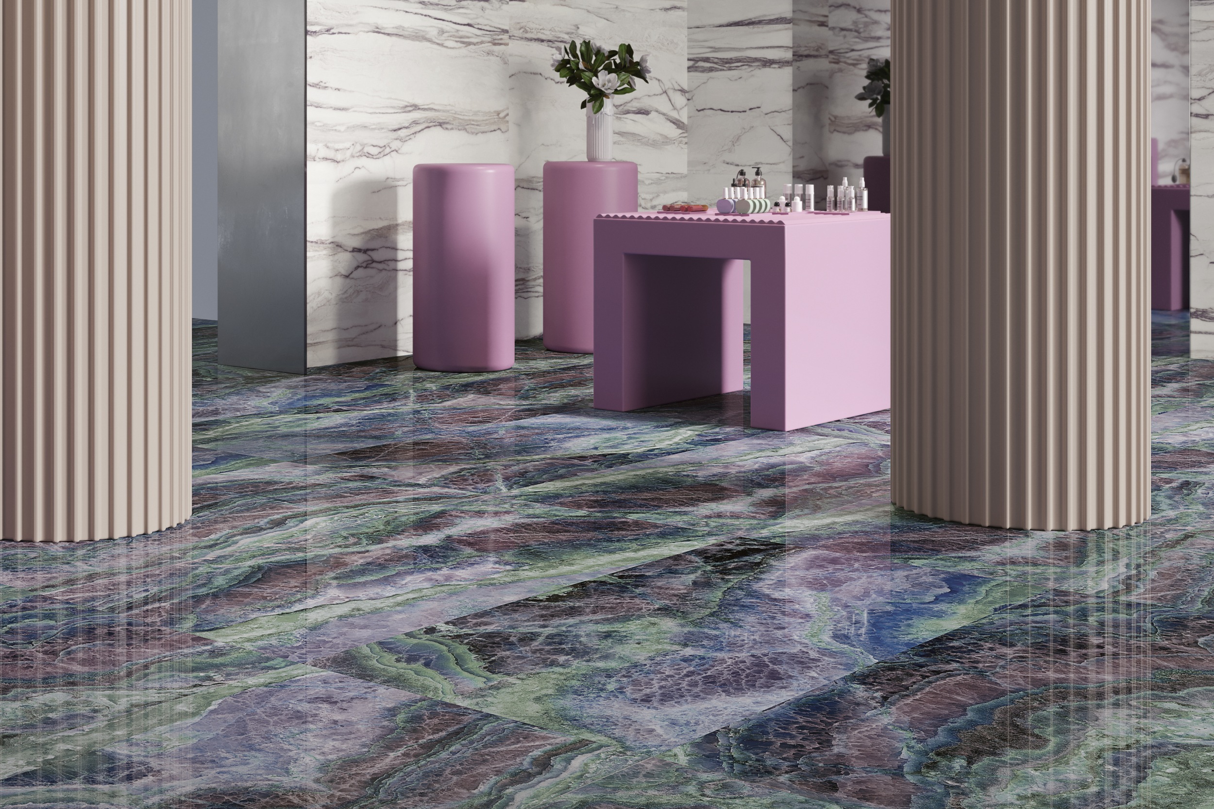 XXL Fliese Marmoroptik Star Onyx Purple 120x278 cm blau lila Großformat-Fliese Sant Agostino