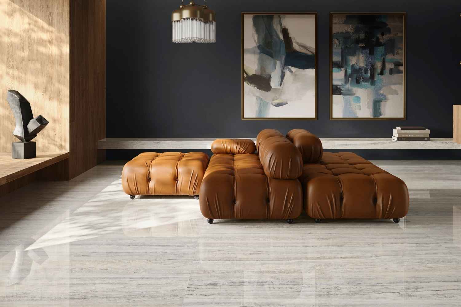 Fliese glamouröse Travertin-Steinoptik hellgrau glänzend 30x60 cm "Invictus Pearl Krystal" rektifiziert