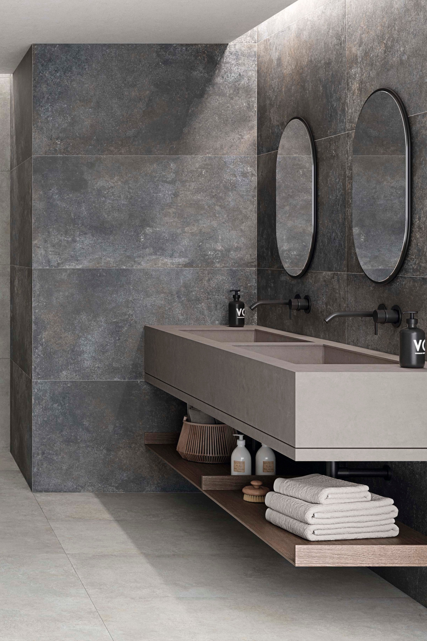 Fliese Betonoptik Ferro Tobacco matt Bodenfliese Wandfliese dunkelgrau braun im Badezimmer