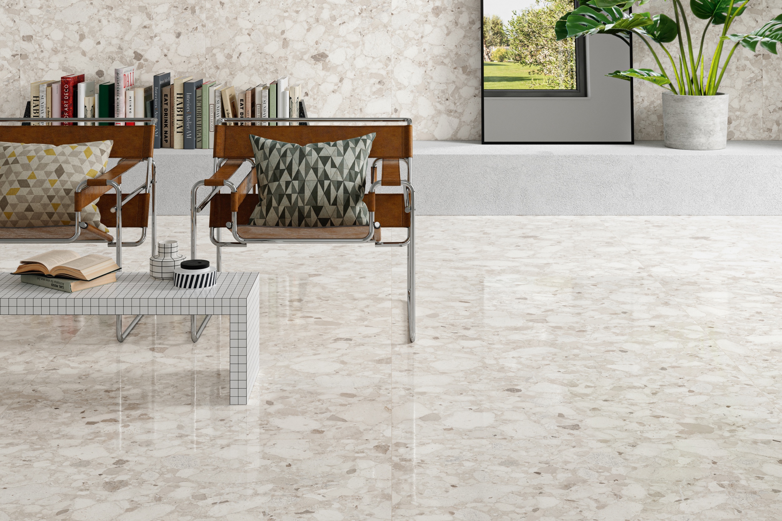 Terrazzo-Fliese große Steinoptik Veni Ivory glänzend Bodenfliesen Wandfliesen Luxus Fliesen im Wohnzimmer