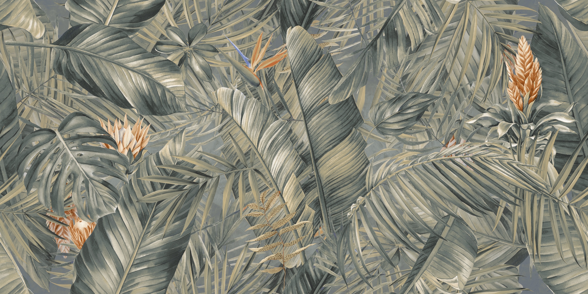 Wandfliese Fantasy Paradise 60x120 cm Monstera Strelizie Palmen Blätter Pflanzen tropisch Dschungel grün