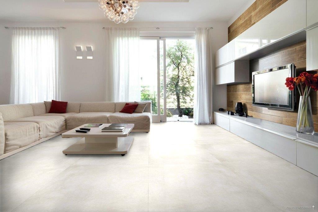 Fliese Betonoptik Zementoptik creme weiß-beige kalibriert Ground Arena