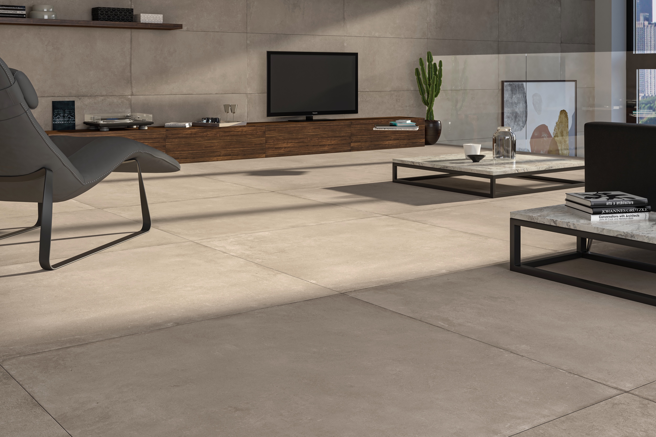 Bodenfliese mit Betonoptik Zementoptik Cloud Taupe hellbraun braun im Wohnzimmer