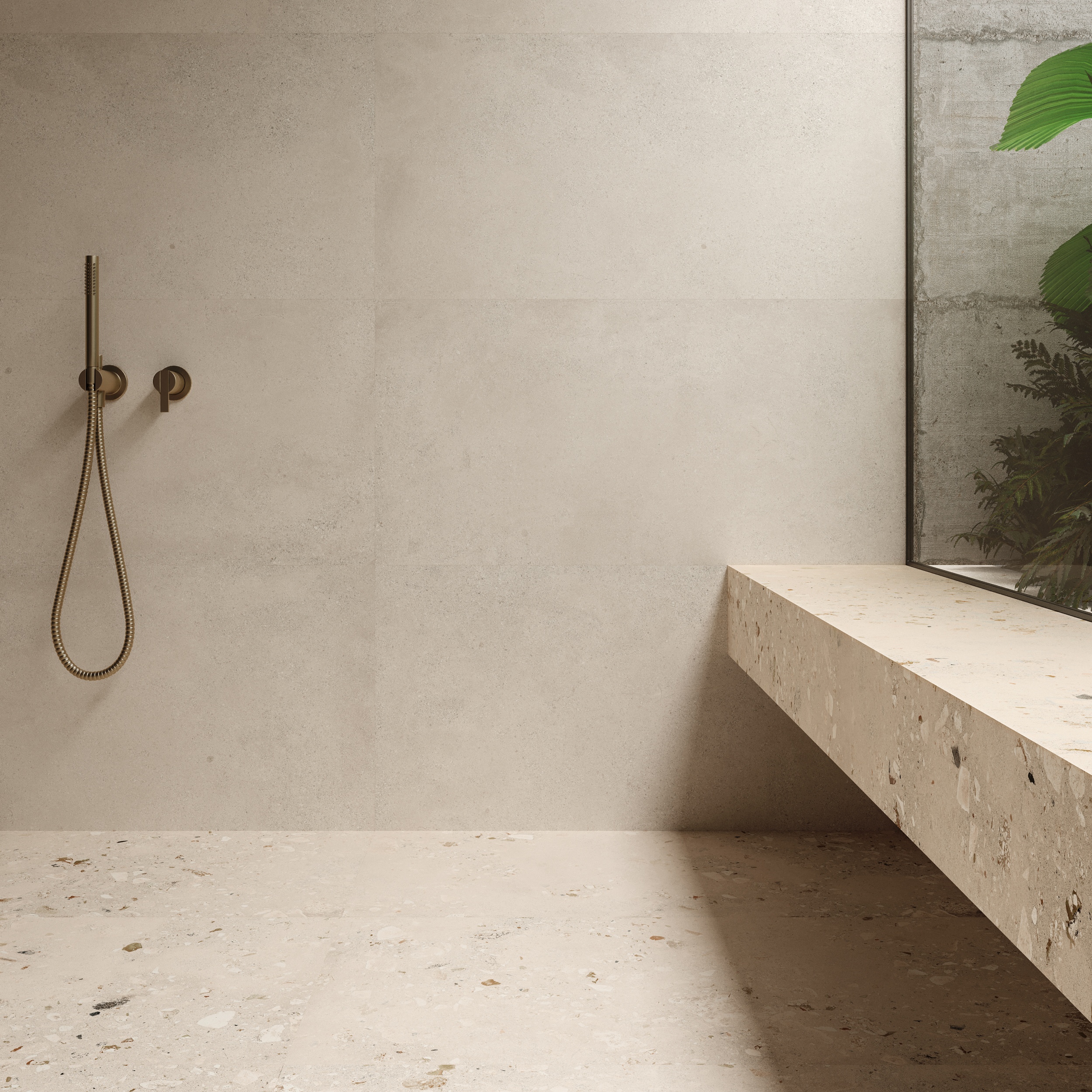 Fliese Zementoptik mit Terrazzo Logico Light Sant Agostino creme elfenbein im Badezimmer