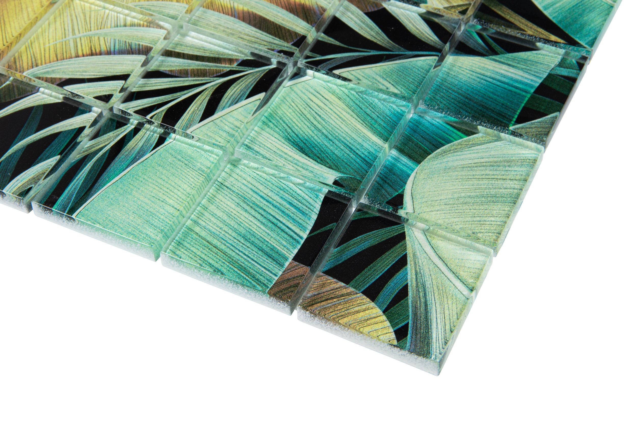 Glasmosaik Mosaikfliese tropisch Dschungel Regenwald Crystal grün gold mit Blätter Palmen Pflanzen