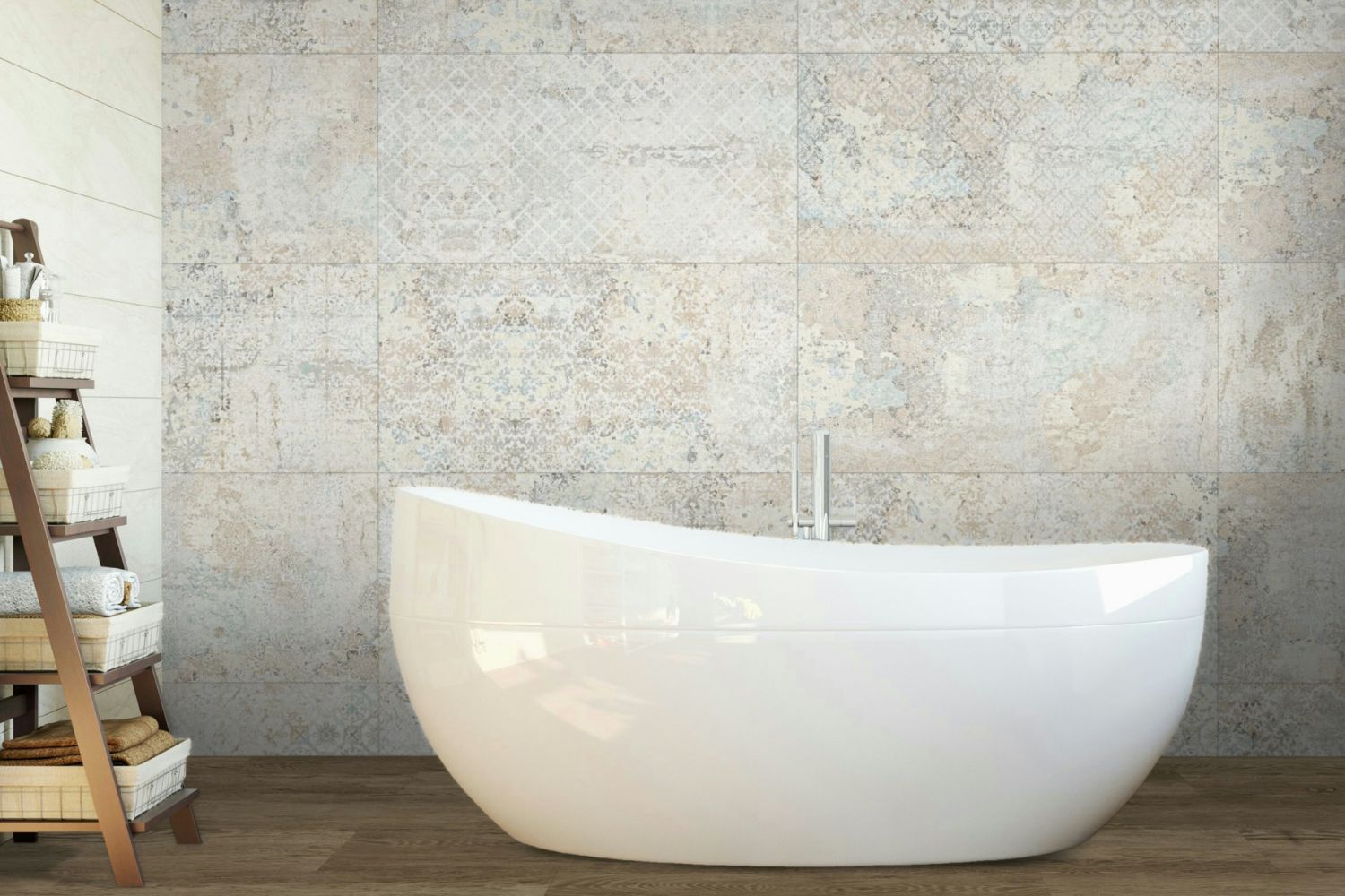 Wandfliese im Badezimmer Carpet von Aparici Vintage-Teppichoptik mehrfarbig beige